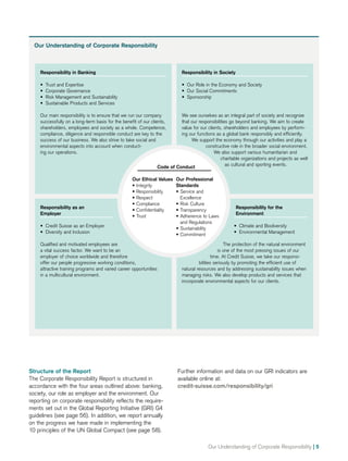 Our Understanding of Corporate Responsibility | 5
Our Understanding of Corporate Responsibility
Responsibility in Banking
•• Trust and Expertise
•• Corporate Governance
•• Risk Management and Sustainability
•• Sustainable Products and Services
Our main responsibility is to ensure that we run our company
successfully on a long-term basis for the benefit of our clients,
shareholders, employees and society as a whole. Competence,
compliance, diligence and responsible conduct are key to the
success of our business. We also strive to take social and
environmental aspects into account when conduct-
ing our operations.
Responsibility as an
Employer
•• Credit Suisse as an Employer
•• Diversity and Inclusion
Qualified and motivated employees are
a vital success factor. We want to be an
employer of choice worldwide and therefore
offer our people progressive working conditions,
attractive training programs and varied career opportunities
in a multicultural environment.
Responsibility in Society
•• Our Role in the Economy and Society
•• Our Social Commitments
•• Sponsorship
We see ourselves as an integral part of society and recognize
that our responsibilities go beyond banking. We aim to create
value for our clients, shareholders and employees by perform-
ing our functions as a global bank responsibly and efficiently.
We support the economy through our activities and play a
constructive role in the broader social environment.
We also support various humanitarian and
charitable organizations and projects as well
as cultural and sporting events.
Responsibility for the
Environment
•• Climate and Biodiversity
•• Environmental Management
The protection of the natural environment
is one of the most pressing issues of our
time. At Credit Suisse, we take our responsi­-
bi­lities seriously by promoting the efficient use of
natural resources and by addressing sustainability issues when
managing risks. We also develop products and services that
incorporate environmental aspects for our clients.
Structure of the Report
The Corporate Responsibility Report is structured in
accordance with the four areas outlined above: banking,
society, our role as employer and the environment. Our
reporting on corporate responsibility reflects the require-
ments set out in the Global Reporting Initiative (GRI) G4
guidelines (see page 56). In addition, we report annually
on the progress we have made in implementing the
10 principles of the UN Global Compact (see page 58).
Further information and data on our GRI indicators are
available online at:
credit-suisse.com/responsibility/gri
Code of Conduct
Our Ethical Values
•• Integrity
•• Responsibility
•• Respect
•• Compliance
•• Confidentiality
•• Trust
Our Professional
Standards
•• Service and
Excellence
•• Risk Culture
•• Transparency
•• Adherence to Laws
and Regulations
•• Sustainability
•• Commitment
 