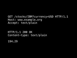 GET /stocks/IBM?currency=USD HTTP/1.1
Host: www.example.org
Accept: text/plain


HTTP/1.1 200 OK
Content-type: text/plain

194.29
 
