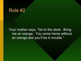 Role #2 Your mother says, “Go to the store.  Bring me an orange.  You come home without an orange and you’ll be in trouble.” 
