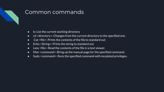 Common commands
● ls: List the current working directory
● cd <directory>: Changes from the current directory to the specified one.
● Cat <file>: Prints the contents of the file to standard out
● Echo <String>: Prints the string to standard out
● Less <file>: Read the contents of the file in a text viewer.
● Man <command>: Bring up the manual page for the specified command.
● Sudo <command>: Runs the specified command with escalated privileges.
 