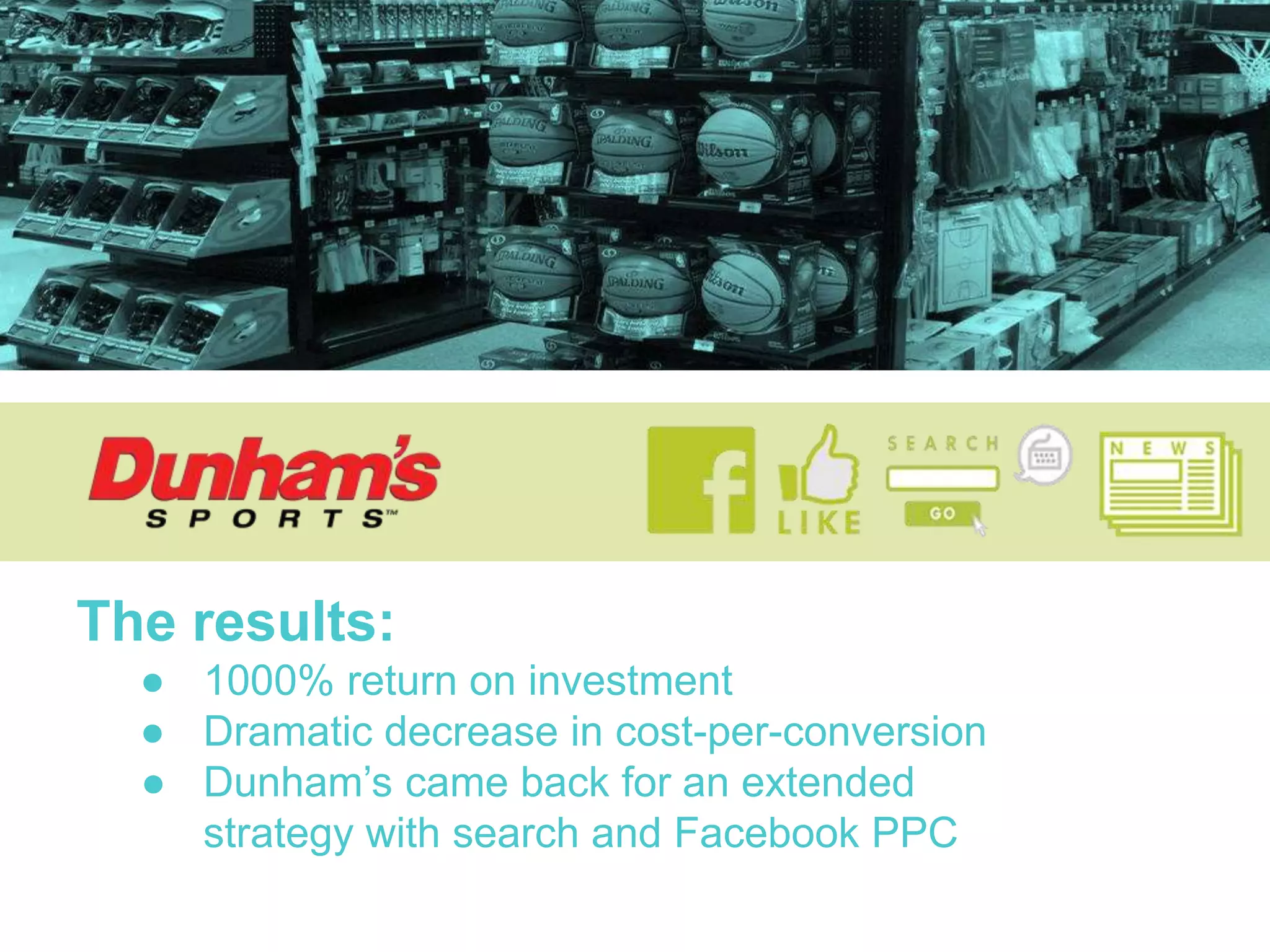 The results:
● 1000% return on investment
● Dramatic decrease in cost-per-conversion
● Dunham’s came back for an extended
strategy with search and Facebook PPC
 