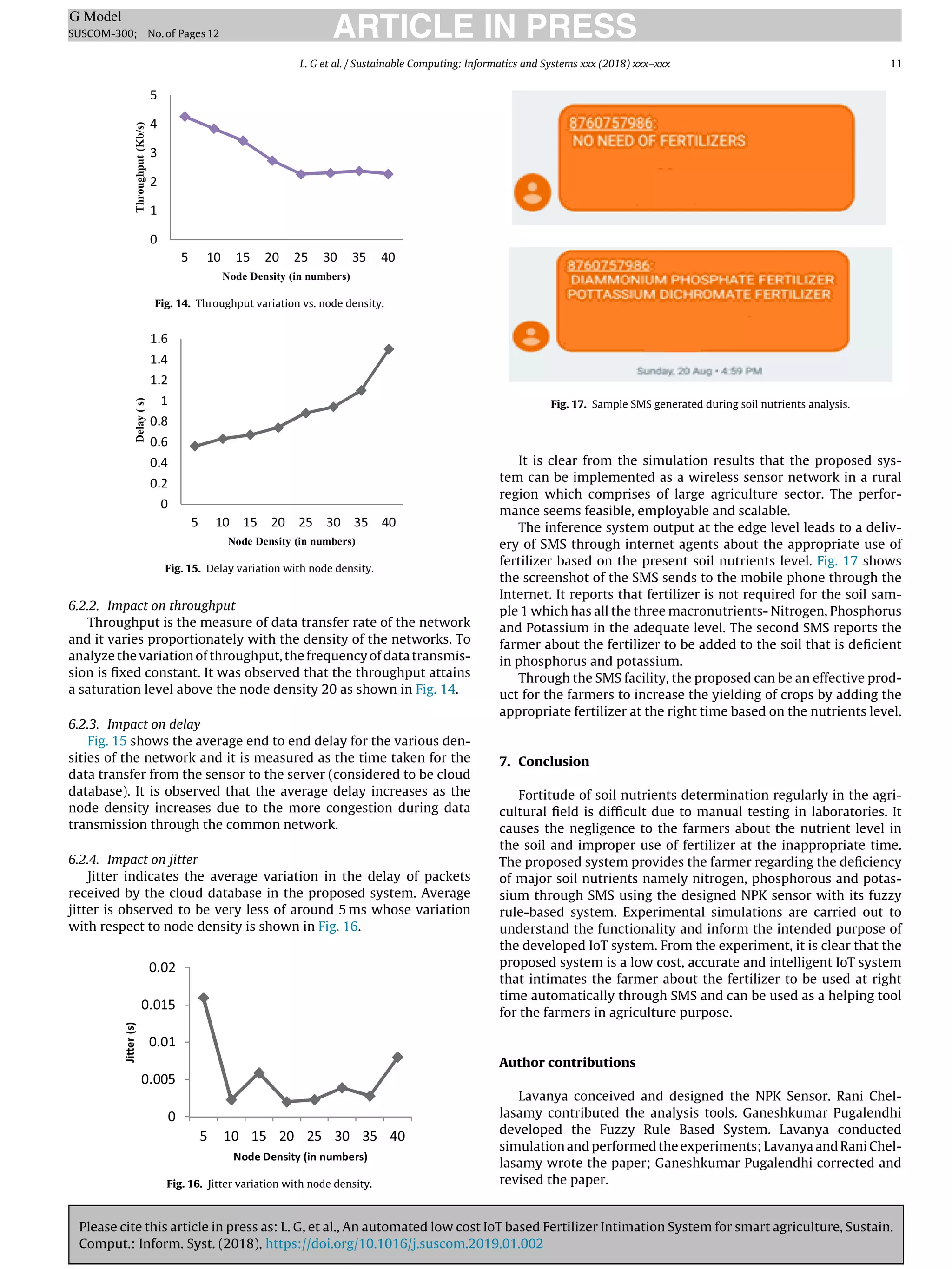 Please cite this article in press as: L. G, et al., An automated low cost IoT based Fertilizer Intimation System for smart agriculture, Sustain.
Comput.: Inform. Syst. (2018), https://doi.org/10.1016/j.suscom.2019.01.002
ARTICLE IN PRESS
G Model
SUSCOM-300; No.of Pages12
L. G et al. / Sustainable Computing: Informatics and Systems xxx (2018) xxx–xxx 11
Fig. 14. Throughput variation vs. node density.
Fig. 15. Delay variation with node density.
6.2.2. Impact on throughput
Throughput is the measure of data transfer rate of the network
and it varies proportionately with the density of the networks. To
analyze the variation of throughput, the frequency of data transmis-
sion is ﬁxed constant. It was observed that the throughput attains
a saturation level above the node density 20 as shown in Fig. 14.
6.2.3. Impact on delay
Fig. 15 shows the average end to end delay for the various den-
sities of the network and it is measured as the time taken for the
data transfer from the sensor to the server (considered to be cloud
database). It is observed that the average delay increases as the
node density increases due to the more congestion during data
transmission through the common network.
6.2.4. Impact on jitter
Jitter indicates the average variation in the delay of packets
received by the cloud database in the proposed system. Average
jitter is observed to be very less of around 5 ms whose variation
with respect to node density is shown in Fig. 16.
Fig. 16. Jitter variation with node density.
Fig. 17. Sample SMS generated during soil nutrients analysis.
It is clear from the simulation results that the proposed sys-
tem can be implemented as a wireless sensor network in a rural
region which comprises of large agriculture sector. The perfor-
mance seems feasible, employable and scalable.
The inference system output at the edge level leads to a deliv-
ery of SMS through internet agents about the appropriate use of
fertilizer based on the present soil nutrients level. Fig. 17 shows
the screenshot of the SMS sends to the mobile phone through the
Internet. It reports that fertilizer is not required for the soil sam-
ple 1 which has all the three macronutrients- Nitrogen, Phosphorus
and Potassium in the adequate level. The second SMS reports the
farmer about the fertilizer to be added to the soil that is deﬁcient
in phosphorus and potassium.
Through the SMS facility, the proposed can be an effective prod-
uct for the farmers to increase the yielding of crops by adding the
appropriate fertilizer at the right time based on the nutrients level.
7. Conclusion
Fortitude of soil nutrients determination regularly in the agri-
cultural ﬁeld is difﬁcult due to manual testing in laboratories. It
causes the negligence to the farmers about the nutrient level in
the soil and improper use of fertilizer at the inappropriate time.
The proposed system provides the farmer regarding the deﬁciency
of major soil nutrients namely nitrogen, phosphorous and potas-
sium through SMS using the designed NPK sensor with its fuzzy
rule-based system. Experimental simulations are carried out to
understand the functionality and inform the intended purpose of
the developed IoT system. From the experiment, it is clear that the
proposed system is a low cost, accurate and intelligent IoT system
that intimates the farmer about the fertilizer to be used at right
time automatically through SMS and can be used as a helping tool
for the farmers in agriculture purpose.
Author contributions
Lavanya conceived and designed the NPK Sensor. Rani Chel-
lasamy contributed the analysis tools. Ganeshkumar Pugalendhi
developed the Fuzzy Rule Based System. Lavanya conducted
simulation and performed the experiments; Lavanya and Rani Chel-
lasamy wrote the paper; Ganeshkumar Pugalendhi corrected and
revised the paper.
 