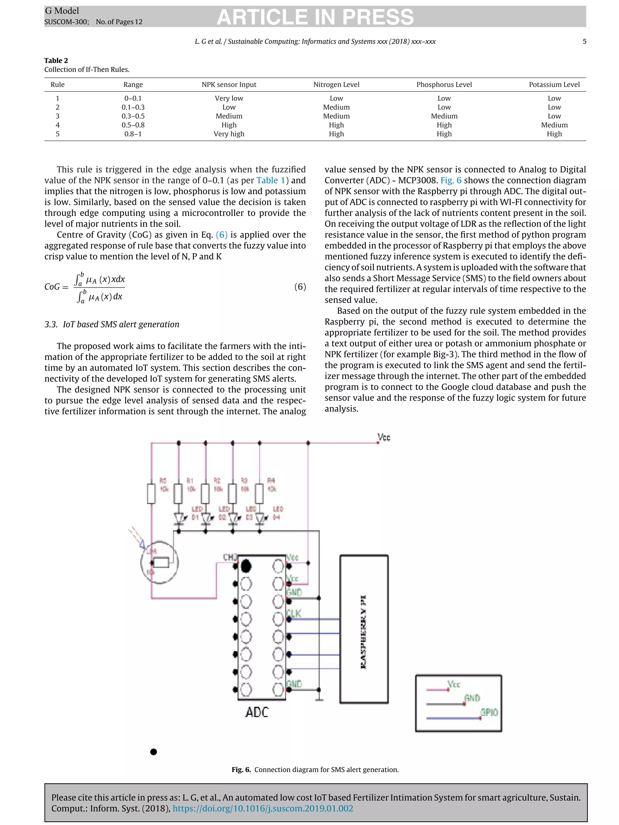 Please cite this article in press as: L. G, et al., An automated low cost IoT based Fertilizer Intimation System for smart agriculture, Sustain.
Comput.: Inform. Syst. (2018), https://doi.org/10.1016/j.suscom.2019.01.002
ARTICLE IN PRESS
G Model
SUSCOM-300; No.of Pages12
L. G et al. / Sustainable Computing: Informatics and Systems xxx (2018) xxx–xxx 5
Table 2
Collection of If-Then Rules.
Rule Range NPK sensor Input Nitrogen Level Phosphorus Level Potassium Level
1 0–0.1 Very low Low Low Low
2 0.1–0.3 Low Medium Low Low
3 0.3–0.5 Medium Medium Medium Low
4 0.5–0.8 High High High Medium
5 0.8–1 Very high High High High
This rule is triggered in the edge analysis when the fuzziﬁed
value of the NPK sensor in the range of 0–0.1 (as per Table 1) and
implies that the nitrogen is low, phosphorus is low and potassium
is low. Similarly, based on the sensed value the decision is taken
through edge computing using a microcontroller to provide the
level of major nutrients in the soil.
Centre of Gravity (CoG) as given in Eq. (6) is applied over the
aggregated response of rule base that converts the fuzzy value into
crisp value to mention the level of N, P and K
CoG =
 b
a
A (x) xdx
 b
a
A (x) dx
(6)
3.3. IoT based SMS alert generation
The proposed work aims to facilitate the farmers with the inti-
mation of the appropriate fertilizer to be added to the soil at right
time by an automated IoT system. This section describes the con-
nectivity of the developed IoT system for generating SMS alerts.
The designed NPK sensor is connected to the processing unit
to pursue the edge level analysis of sensed data and the respec-
tive fertilizer information is sent through the internet. The analog
value sensed by the NPK sensor is connected to Analog to Digital
Converter (ADC) - MCP3008. Fig. 6 shows the connection diagram
of NPK sensor with the Raspberry pi through ADC. The digital out-
put of ADC is connected to raspberry pi with WI-FI connectivity for
further analysis of the lack of nutrients content present in the soil.
On receiving the output voltage of LDR as the reﬂection of the light
resistance value in the sensor, the ﬁrst method of python program
embedded in the processor of Raspberry pi that employs the above
mentioned fuzzy inference system is executed to identify the deﬁ-
ciency of soil nutrients. A system is uploaded with the software that
also sends a Short Message Service (SMS) to the ﬁeld owners about
the required fertilizer at regular intervals of time respective to the
sensed value.
Based on the output of the fuzzy rule system embedded in the
Raspberry pi, the second method is executed to determine the
appropriate fertilizer to be used for the soil. The method provides
a text output of either urea or potash or ammonium phosphate or
NPK fertilizer (for example Big-3). The third method in the ﬂow of
the program is executed to link the SMS agent and send the fertil-
izer message through the internet. The other part of the embedded
program is to connect to the Google cloud database and push the
sensor value and the response of the fuzzy logic system for future
analysis.
Fig. 6. Connection diagram for SMS alert generation.
 