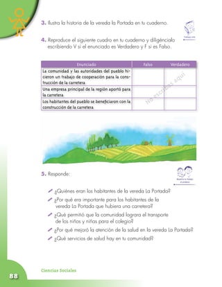 Ciencias Sociales
88
No escribas aquí
3. Ilustra la historia de la vereda la Portada en tu cuaderno.
4. Reproduce el siguiente cuadro en tu cuaderno y diligéncialo
escribiendo V si el enunciado es Verdadero y F si es Falso.
5. Responde:
¿Quiénes eran los habitantes de la vereda La Portada?
	 	¿Por qué era importante para los habitantes de la 			
	 vereda La Portada que hubiera una carretera?
	 	¿Qué permitió que la comunidad lograra el transporte 			
de los niños y niñas para el colegio?
	 	¿Por qué mejoró la atención de la salud en la vereda La Portada?
	 	¿Qué servicios de salud hay en tu comunidad?
Enunciado Falso Verdadero
La comunidad y las autoridades del pueblo hi-
cieron un trabajo de cooperación para la cons-
trucción de la carretera
Una empresa principal de la región aportó para
la carretera
Los habitantes del pueblo se beneficiaron con la
construcción de la carretera
Trabaja solo
Muestra tu trabajo
al profesor
 