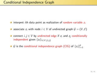 aalto-logo-en-3
Conditional Independence Graph
interpret ith data point as realization of random variable zi
associate zi with node i ∈ V of undirected graph G = (V, E)
connect i, j ∈ V by undirected edge if zi and zj conditionally
independent given {zl }l∈V{i,j}
G is the conditional independence graph (CIG) of {zi }p
i=1
18 / 41
 