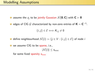 aalto-logo-en-3
Modelling Assumptions
assume the zj to be jointly Gaussian N(0, C) with C 0
edges of CIG G characterized by non-zero entries of K = C−1:
{i, j} ∈ E ⇐⇒ Ki,j = 0
deﬁne neighbourhood N(i) := {j ∈ V : {i, j} ∈ E} of node i
we assume CIG to be sparse, i.e.,
|N(i)| ≤ smax
for some ﬁxed sparsity smax
19 / 41
 