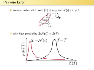 aalto-logo-en-3
Pairwise Error
consider index set T with |T | ≤ smax and N(i)  T = ∅
i ∈ V
N(i) T
with high probability Z(N(i)) < Z(T )
Z(I)
prob(Z(I))
I =N (i) I =T
27 / 41
 