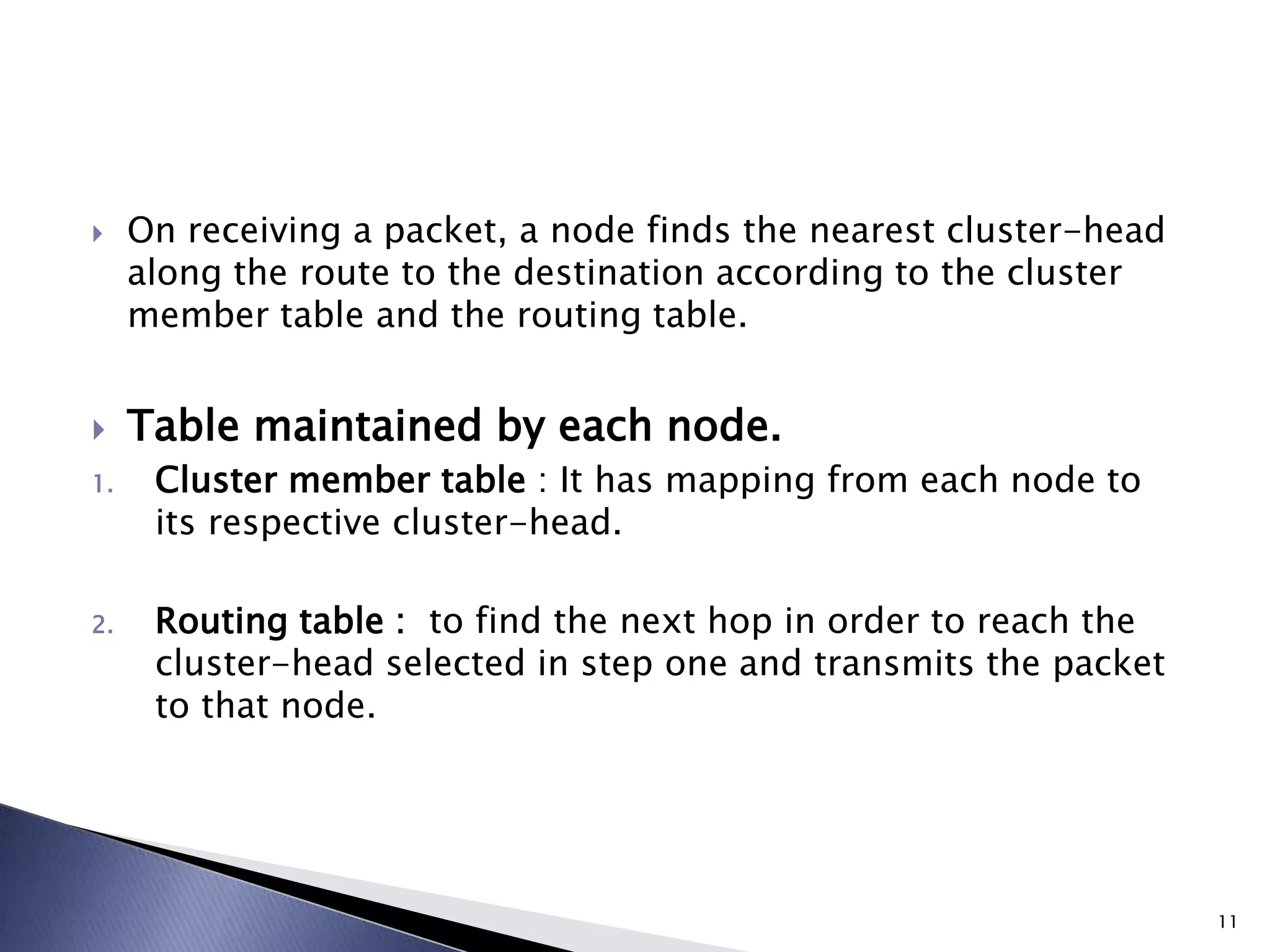  On receiving a packet, a node finds the nearest cluster-head
along the route to the destination according to the cluster
member table and the routing table.
 Table maintained by each node.
1. Cluster member table : It has mapping from each node to
its respective cluster-head.
2. Routing table : to find the next hop in order to reach the
cluster-head selected in step one and transmits the packet
to that node.
11
 