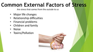 Common External Factors of Stress
• Major life changes
• Relationship difficulties
• Financial problems
• Children and family
• Noise
• Toxins/Pollution
Are stress that comes from the outside to us
 