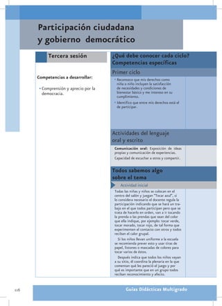 Participación ciudadana
      y gobierno democrático
           Tercera sesión               ¿Qué debe conocer cada ciclo?
                                        Competencias específicas
                                        Primer ciclo
      Competencias a desarrollar:       •	Reconozco que mis derechos como
                                          niña o niño incluyen la satisfacción
       •	Comprensión y aprecio por la     de necesidades y condiciones de
         democracia.                      bienestar básico y me intereso en su
                                          cumplimiento.
                                        •	Identifico que entre mis derechos está el
                                          de participar.




                                        Actividades del lenguaje
                                        oral y escrito
                                         Comunicación oral: Exposición de ideas
                                         propias y comunicación de experiencias.
                                         Capacidad de escuchar a otros y compartir.


                                        Todos sabemos algo
                                        sobre el tema
                                             Actividad inicial
                                         Todas las niñas y niños se colocan en el
                                         centro del salón y juegan “Tocar azul”, si
                                         lo considera necesario el docente regula la
                                         participación indicando que se hará un tra-
                                         bajo en el que todos participan pero que se
                                         trata de hacerlo en orden, van a ir tocando
                                         la prenda o las prendas que sean del color
                                         que ella indique, por ejemplo: tocar verde,
                                         tocar morado, tocar rojo, de tal forma que
                                         experimenten el contacto con otros y todos
                                         reciban el calor grupal.
                                           Si los niños llevan uniforme a la escuela
                                         se recomienda prever esto y usar tiras de
                                         papel, listones o mascadas de colores para
                                         tocar varios de éstos.
                                           Después indica que todos los niños vayan
                                         a su sitio, él coordina la plenaria en la que
                                         comentan qué les pareció el juego y por
                                         qué es importante que en un grupo todos
                                         reciban reconocimiento y afecto.


116                                             Guías Didácticas Multigrado
 