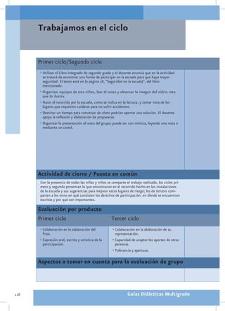 Trabajamos en el ciclo


      Primer ciclo/Segundo ciclo
      •	Utilizar el Libro Integrado de segundo grado y el docente anuncia que en la actividad
        se tratará de encontrar una forma de participar en la escuela para que haya mayor
        seguridad. El texto está en la página 18, “Seguridad en la escuela”, del libro
        mencionado.
      •	Organizar equipos de tres niños, leer el texto y observar la imagen del vidrio roto
        que lo ilustra.
      •	Hacer el recorrido por la escuela, como se indica en la lectura, y tomar nota de los
        lugares que requieren cuidarse para no sufrir accidentes.
      •	Destinar un tiempo para conversar de cómo podrían aportar una solución. El docente
        apoya la reflexión y elaboración de propuestas.
      •	Organizar la presentación al resto del grupo; puede ser con mímica, leyendo una nota o
        mediante un cartel.




      Actividad de cierre / Puesta en común
      Con la presencia de todas las niñas y niños se comparte el trabajo realizado, los ciclos pri-
      mero y segundo presentan lo que encontraron en el recorrido hecho en las instalaciones
      de la escuela y sus sugerencias para mejorar estos lugares de riesgo; los de tercero com-
      parten a los otros en qué consisten los derechos de participación, en dónde se encuentran
      escritos y por qué son importantes.

      Evaluación por producto
      Primer ciclo                                   Tercer ciclo
      •	Colaboración en la elaboración del            •	Colaboración en la elaboración de su
        friso.                                         representación.
      •	Expresión oral, escrita y artística de la     •	Capacidad de aceptar los aportes de otras
        participación.                                  personas.
                                                      •	Tolerancia y apertura.

      Aspectos a tomar en cuenta para la evaluación de grupo




118                                                             Guías Didácticas Multigrado
 