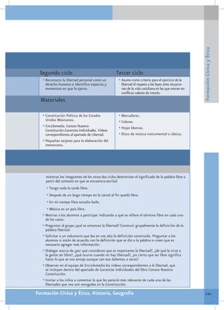 Formación Cívica y Ética
 Segundo ciclo                                       Tercer ciclo
   •	Reconozco la libertad personal como un            •	Asumo como criterio para el ejercicio de la
    derecho humano e identifico espacios y               libertad el respeto a las leyes ante situacio-
    momentos en que la ejerzo.                           nes de la vida cotidiana en las que entran en
                                                         conflicto valores de interés.
  Materiales

   •	Constitución Política de los Estados              •	Marcadores.
     Unidos Mexicanos.                                 •	Colores.
   •	Enciclomedia. Conoce Nuestra                      •	Hojas blancas.
     Constitución.Garantías Individuales. Videos
     correspondientes al apartado de Libertad.         •	Disco de música instrumental o clásica.
   •	Pequeñas tarjetas para la elaboración del
     memorama.




     mientras los integrantes de los otros dos ciclos determinan el significado de la palabra libre a
     partir del contexto en que se encuentra escrita)
     •	Tengo toda la tarde libre.
     •	Después de un largo tiempo en la cárcel al fin quedó libre.
     •	En mi tiempo libre estudio baile.
     •	México es un país libre.
   •	Motivar a los alumnos a participar indicando a qué se refiere el término libre en cada uno
     de los casos.
   •	Preguntar al grupo ¿qué es entonces la libertad? Construir grupalmente la definición de la
     palabra libertad.
   •	Solicitar a un voluntario que lea en voz alta la definición construida. Preguntar a los
     alumnos si están de acuerdo con la definición que se dio a la palabra o creen que es
     necesario agregar más información.
   •	Dialogar acerca de ¿por qué consideran que es importante la libertad?, ¿de qué le sirve a
     la gente ser libre?, ¿qué ocurre cuando no hay libertad?, ¿es cierto que ser libre significa
     hacer lo que se nos antoje aunque con eso dañemos a otros?
   •	Observar en el equipo de Enciclomedia los videos correspondientes a la libertad, que
     se incluyen dentro del apartado de Garantías Individuales del libro Conoce Nuestra
     Constitución.
   •	Invitar a los niños a comentar lo que les pareció más relevante de cada una de las
     libertades que nos son otorgadas en la Constitución.

Formación Cívica y Ética, Historia, Geografía                                                                121
 