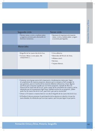 Formación Cívica y Ética
  Segundo ciclo                                      Tercer ciclo
    •	Planteo metas a corto y mediano plazo            •	Reconozco la importancia de trazarme
     y organizo acciones para alcanzarlas en             metas a corto y mediano plazo y organi-
     distintos momentos.                                 zo acciones para lograrlas.



   Materiales

    •	Biografía de Sor Juana Inés de la Cruz.          •	Cinta adhesiva.
    •	Formato: Metas a corto plazo. Me                 •	Materiales del Rincón de Artes.
     comprometo a …                                    •	Alfabeto móvil.
                                                       •	Revistas.
                                                       •	Tarjetas blancas.




    •	Comentar con el grupo acerca de la importancia de plantearnos metas para lograr
      el cumplimiento de nuestros proyectos, destacar que no siempre es fácil conseguir lo
      que queremos, pues en muchas de las ocasiones debemos esforzarnos y hacer algunos
      sacrificios para conquistar aquello que nos hemos propuesto. Ejemplo de ello es la
      historia de Sor Juana Inés de la Cruz, quien a pesar de las costumbres de su época y de los
      obstáculos que se le presentaron logró hacer realidad muchos de sus proyectos. ¿Saben
      quién fue Sor Juana Inés de la Cruz?, ¿qué hizo?, ¿por qué es reconocida?
    •	(Anexo 1) El maestro o maestra leerá en voz alta la biografía de Sor Juana Inés de la Cruz.
    •	Al finalizar la lectura promover la participación de los alumnos en relación a lo que Sor
      Juana deseaba, los obstáculos que tuvo que superar, qué hizo para lograr lo que quería.




Formación Cívica y Ética, Historia, Geografía                                                        135
 