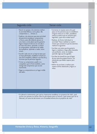 Formación Cívica y Ética
 Segundo ciclo                                    Tercer ciclo
  •	Reunir en parejas a los alumnos realizar       •	Conversar en equipo acerca de ¿qué
    la actividad Metas a corto plazo. Me             pasa con las personas que no establecen
    comprometo a… (Anexo 1).                         ninguna meta en su vida?, ¿establecer
  •	Explicar a los alumnos que esta actividad        metas es todo lo que se necesita para
    les permitirá establecer compromisos             lograrlas?, ¿qué más se debe hacer?
    a futuro, para ello deberán pensar en          •	Realizar, de forma individual, la
    una meta a corto plazo que les gustaría          actividad “Hacer realidad un sueño”,
    lograr (mejorar la lectura en voz alta o         misma que consiste en que los alumnos
    el trazo de la letra, aprender a utilizar        realicen lo siguiente:
    la computadora, aprenderse las tablas          •	Escriban una meta que les gustaría
    de multiplicar, aprender a nadar, entre          lograr a mediano o largo plazo (estudiar
    otras).                                          una profesión, tener un empleo,
  •	Escribir cada uno en su hoja la meta que         aprender algo que les agrade).
    se haya planteado, establecer la fecha en      •	Escriban los beneficios que el logro
    que será cumplida y elaborar una lista de 3      de esa meta les proporcionaría. Los
    acciones que le permitan lograrlo.               obstáculos que deben superar para
  •	Firmar su compromiso y pedir a su                lograrlo.
    compañero que lo firme también, como           •	Definir las acciones a realizar para
    testigo del compromiso que se está               superar dichos obstáculos y lograr su
    asumiendo.                                       meta.
  •	Pegar su compromiso en un lugar visible
    del salón.




  •	En plenaria comentamos ¿por qué es importante establecer un proyecto de vida?, ¿qué
   ocurre con quienes no tienen claro lo que desean para su futuro?, ¿qué tienen que ver la
   libertad y la toma de decisiones con el establecimiento de un proyecto de vida?




Formación Cívica y Ética, Historia, Geografía                                                    137
 