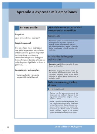 Aprendo a expresar mis emociones


           Primera sesión                     ¿Qué debe conocer cada ciclo?
                                              Competencias específicas
     Propósito
                                              Primer ciclo
     ¿Qué pretendemos alcanzar?
                                               Reconozco que las emociones o necesidades
     Propósito general:                        de las personas se pueden expresar de
                                               diversas formas, considerando que para
                                               ello debemos aprender a regular y controlar
     Que las niñas y niños reconozcan          dichas emociones y evitar la agresión y la
     que todas las personas respondemos        violencia.
     ante situaciones que nos despiertan
     sentimientos y emociones, y
     desarrollen la capacidad de regular      Actividades del lenguaje
     la manifestación de éstas a fin de no    oral y escrito
     dañar la propia dignidad o la de otras
     personas.                                 Expresión oral: Diálogo, narración de anéc-
                                               dotas, participación.

     Competencias a desarrollar:               Escritura: De pequeños textos en los que
                                               los alumnos manifiesten qué los hace sen-
      •	Autorregulación y ejercicio            tir felices, enojados, tristes o con miedo.
                                               Escritura de guión teatral. Elaboración de
        responsable de la libertad.            periódico mural.

                                              Todos sabemos algo sobre
                                              el tema
                                                   Actividad inicial
                                              •	Platicar con los alumnos acerca de las
                                                cosas que nos producen algunas de las
                                                siguientes emociones: alegría, enojo,
                                                tristeza o miedo.
                                              •	Invitar a los niños y niñas a comentar algu-
                                                nas experiencias respecto a las situaciones
                                                en que han sentido algunas de esas emo-
                                                ciones y la manera en que han reaccionado.
                                                Cuestionar ¿qué hacen cuando se sienten
                                                tristes, enojados, alegres o con miedo?
                                                ¿cómo se comportan en estas situaciones?




14                                                     Guías Didácticas Multigrado
 
