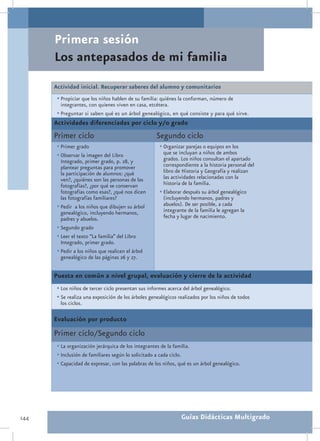 Primera sesión
      Los antepasados de mi familia
      Actividad inicial. Recuperar saberes del alumno y comunitarios
       •	Propiciar que los niños hablen de su familia: quiénes la conforman, número de
         integrantes, con quienes viven en casa, etcétera.
       •	Preguntar si saben qué es un árbol genealógico, en qué consiste y para qué sirve.
      Actividades diferenciadas por ciclo y/o grado
      Primer ciclo                                  Segundo ciclo
       •	Primer grado                                 •	Organizar parejas o equipos en los
       •	Observar la imagen del Libro                   que se incluyan a niños de ambos
         Integrado, primer grado, p. 28, y              grados. Los niños consultan el apartado
         plantear preguntas para promover               correspondiente a la historia personal del
         la participación de alumnos: ¿qué              libro de Historia y Geografía y realizan
         ven?, ¿quiénes son las personas de las         las actividades relacionadas con la
         fotografías?, ¿por qué se conservan            historia de la familia.
         fotografías como esas?, ¿qué nos dicen       •	Elaborar después su árbol genealógico
         las fotografías familiares?                    (incluyendo hermanos, padres y
       •	Pedir a los niños que dibujen su árbol         abuelos). De ser posible, a cada
         genealógico, incluyendo hermanos,              integrante de la familia le agregan la
         padres y abuelos.                              fecha y lugar de nacimiento.
       •	Segundo grado
       •	Leer el texto “La familia” del Libro
         Integrado, primer grado.
       •	Pedir a los niños que realicen el árbol
         genealógico de las páginas 26 y 27.


      Puesta en común a nivel grupal, evaluación y cierre de la actividad
       •	Los niños de tercer ciclo presentan sus informes acerca del árbol genealógico.
       •	Se realiza una exposición de los árboles genealógicos realizados por los niños de todos
        los ciclos.

      Evaluación por producto
      Primer ciclo/Segundo ciclo
       •	La organización jerárquica de los integrantes de la familia.
       •	Inclusión de familiares según lo solicitado a cada ciclo.
       •	Capacidad de expresar, con las palabras de los niños, qué es un árbol genealógico.




144                                                             Guías Didácticas Multigrado
 