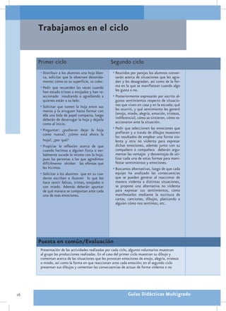 Trabajamos en el ciclo


     Primer ciclo                                  Segundo ciclo
     •	Distribuir a los alumnos una hoja blan-      •	Reunidos por parejas los alumnos conver-
       ca, solicitar que la observen detenida-        sarán acerca de situaciones que les agra-
       mente; cómo es su superficie, su color.        dan y les desagradan, así como de la for-
     •	Pedir que recuerden las veces cuando           ma en la que se manifiestan cuando algo
       han estado tristes o enojados y han re-        les gusta o no.
       accionado insultando o agrediendo a          •	Posteriormente expresarán por escrito al-
       quienes están a su lado.                       gunos sentimientos respecto de situacio-
     •	Solicitar que tomen la hoja entre sus          nes que viven en casa y en la escuela; qué
       manos y la arruguen hasta formar con           les ocurrió, y qué sentimiento les generó
       ella una bola de papel compacta, luego         (enojo, miedo, alegría, emoción, tristeza,
       deberán de desarrugar la hoja y dejarla        indiferencia), cómo se sintieron, cómo re-
       como al inicio.                                accionaron ante la situación.
     •	Preguntar: ¿pudieron dejar la hoja           •	Pedir que seleccionen las emociones que
       como nueva?, ¿cómo está ahora la               prefieran y a través de dibujos muestren
                                                      los resultados de emplear una forma vio-
       hoja?, ¿por qué?                               lenta y otra no violenta para expresar
     •	Propiciar la reflexión acerca de que           dichas emociones, además junto con su
       cuando herimos a alguien física o ver-         compañero o compañera deberán argu-
       balmente sucede lo mismo con la hoja,          mentar las ventajas y desventajas de uti-
       pues las personas a las que agredimos          lizar cada una de estas formas para mani-
       difícilmente olvidan las ofensas que           festar sentimientos y emociones.
       les hicimos.                                 •	Buscamos alternativas, luego de que cada
     •	Solicitar a los alumnos que en su cua-         equipo ha analizado las consecuencias
       derno escriban e ilustren lo que los           que se pueden generar al reaccionar de
       hace sentir felices, tristes, enojados o       manera violenta a distintas situaciones,
       con miedo. Además deberán apuntar              se propone una alternativa no violenta
       de qué manera se comportan ante cada           para expresar sus sentimientos, como
       una de esas emociones.                         manifestarlos mediante la escritura de
                                                      cartas, canciones, dibujos, platicando a
                                                      alguien cómo nos sentimos, etc.




     Puesta en común/Evaluación
      Presentación de las actividades realizadas por cada ciclo, algunos voluntarios muestran
      al grupo las producciones realizadas. En el caso del primer ciclo muestran su dibujo y
      comentan acerca de las situaciones que les provocan emociones de enojo, alegría, tristeza
      o miedo, así como la forma en que reaccionan ante cada emoción; en el segundo ciclo
      presentan sus dibujos y comentan las consecuencias de actuar de forma violenta o no




16                                                            Guías Didácticas Multigrado
 