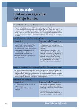 Tercera sesión
      Civilizaciones agrícolas
      del Viejo Mundo.
      Actividad inicial. Recuperar saberes del alumno y comunitarios
       • A partir de los dibujos del mural de la historia destaque y explique brevemente que
        las civilizaciones agrícolas lograron avances importantes en el campo de la ciencia y la
        técnica. A los alumnos, que identifiquen en el libro de Historia, quinto grado (págs.
        31-37), cuáles son esos avances y los enlisten. Para que participen todos forme equipos
        con los niños de los tres ciclos y designe a uno de tercer ciclo para que lea en voz alta a
        los demás.
      Actividades diferenciadas por ciclo y/o grado
      Primer ciclo                                    Segundo ciclo/Tercer ciclo
       •	Leer en voz alta, los niños de segundo        •	Diseñar en parejas un folleto, con textos
         grado a los de primero, el texto “Nos           y dibujos, que trate de los avances
         comunicamos”, del libro Español,                científicos y técnicos de las civilizaciones
         lecturas, segundo grado, págs. 248-252.         agrícolas.
       •	Partir de la lectura para escribir un         •	Escribir una carta imaginaria a una
         texto colectivo con apoyo del maestro           persona de la época de las civilizaciones
         y hacer dibujos alusivos al tema.               agrícolas para comentarle la importancia
       •	Responder la pregunta: ¿para qué se             que tienen los avances logrados desde
         creó la escritura?                              entonces en nuestra vida cotidiana:
                                                         inventos que siguen vigentes, cambios
                                                         que han experimentado, utilidad,
                                                         beneficios que se obtienen, etcétera.



      Puesta en común a nivel grupal, evaluación y cierre de la actividad
       •	Se presentan los productos realizados Presentar los productos realizados mediante las
        actividades propuestas: los niños de primer ciclo explican el contenido de la lectura
        realizada, leen su texto colectivo y presentan sus conclusiones a la pregunta planteada:
        los de segundo y tercer ciclos hacen una exposición con sus folletos y presentan algunos
        al resto del grupo, asimismo leen algunas cartas imaginarias.
      Evaluación por producto
      Primer ciclo                                    Segundo ciclo/Tercer ciclo
       •	La lectura en voz alta de los niños de        •	La capacidad de investigar, organizar
         segundo grado.                                  y tratar información con una finalidad
       •	La capacidad de elaborar un texto               específica, en este caso, hacer un folleto
         colectivo.                                      informativo.
                                                       •	La escritura de cartas imaginarias:
                                                         escritura, uso y aprovechamiento de la
                                                         información, relación presente-pasado.




162                                                              Guías Didácticas Multigrado
 
