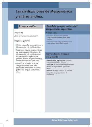 Las civilizaciones de Mesoamérica
       y el área andina.

           Primera sesión                    ¿Qué debe conocer cada ciclo?
                                             Competencias específicas
      Propósito                              Primer ciclo
      ¿Qué pretendemos alcanzar?             •	Escritura de enunciados y textos
                                               colectivos relacionados con el tema
                                               común.
      Propósito general:                     •	Reconstrucción oral y escrita de textos
                                               relacionados con el tema común.
       •	Ubicar espacial y temporalmente a
         Mesoamérica y la región andina.
       •	Reconocer algunas características
         de las antiguas civilizaciones de
         Mesoamérica y la región andina:     Actividades del lenguaje
         formas de vida, organización        oral y escrito
         política, formas de pensamiento y
         desarrollo científico y técnico.     Comunicación oral: de ideas y conoci-
                                              mientos previos sobre el tema.
       •	Identificar la herencia de las       Escritura: de conclusiones y explicaciones.
         antiguas civilizaciones a las        Manejo de organizadores gráficos de
         sociedades americanas actuales:      textos.
         población, lengua, costumbres,       Lectura: de textos y lectura en voz alta.
         arte.                                Búsqueda, uso y organización de
                                              información.




164                                                   Guías Didácticas Multigrado
 