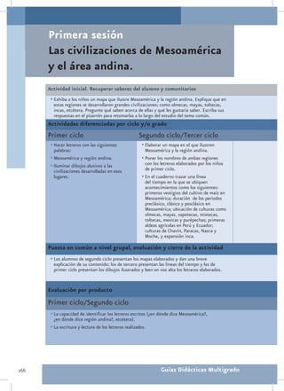 Primera sesión
      Las civilizaciones de Mesoamérica
      y el área andina.
      Actividad inicial. Recuperar saberes del alumno y comunitarios
       •	Exhiba a los niños un mapa que ilustre Mesoamérica y la región andina. Explique que en
        estas regiones se desarrollaron grandes civilizaciones; como olmecas, mayas, toltecas,
        incas, etcétera. Pregunte qué saben acerca de ellas y qué les gustaría saber. Escriba sus
        respuestas en el pizarrón para retomarlas a lo largo del estudio del tema común.
      Actividades diferenciadas por ciclo y/o grado
      Primer ciclo                                     Segundo ciclo/Tercer ciclo
       •	Hacer letreros con las siguientes              •	Elaborar un mapa en el que ilustren
         palabras:                                        Mesoamérica y la región andina.
       •	Mesoamérica y región andina.                   •	Poner los nombres de ambas regiones
       •	Iluminar dibujos alusivos a las                  con los letreros elaborados por los niños
         civilizaciones desarrolladas en esos             de primer ciclo.
         lugares.                                       •	En el cuaderno trazar una línea
                                                          del tiempo en la que se ubiquen
                                                          acontecimientos como los siguientes:
                                                          primeros vestigios del cultivo de maíz en
                                                          Mesoamérica; duración de los periodos
                                                          preclásico, clásico y posclásico en
                                                          Mesoamérica; ubicación de culturas como
                                                          olmecas, mayas, zapotecas, mixtecas,
                                                          toltecas, mexicas y purépechas; primeras
                                                          aldeas agrícolas en Perú y Ecuador;
                                                          culturas de Chavín, Paracas, Nazca y
                                                          Moche, y expansión inca.

      Puesta en común a nivel grupal, evaluación y cierre de la actividad
       •	Los alumnos de segundo ciclo presentan los mapas elaborados y dan una breve
        explicación de su contenido; los de tercero presentan las líneas del tiempo y los de
        primer ciclo presentan los dibujos ilustrados y leen en voz alta los letreros elaborados.


      Evaluación por producto
      Primer ciclo/Segundo ciclo
       •	La capacidad de identificar los letreros escritos (¿en dónde dice Mesoamérica?,
        ¿en dónde dice región andina?, etcétera).
       •	La escritura y lectura de los letreros realizados.




166                                                              Guías Didácticas Multigrado
 
