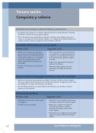 Tercera sesión
      Conquista y colonia

      Actividad inicial. Recuperar saberes del alumno y comunitarios
       •	Se sugiere que el maestro o un alumno haga la lectura en voz alta del texto “Fantasías
         mexicanas”, del libro de cuarto grado, pág. 82.
       •	Pida a los alumnos que organizados en equipos comenten cómo imaginan que era un
         virrey, un marqués y la carroza donde viajaban, o un callejón de la ciudad de México en
         la época colonial. ¿Cómo se imaginan la vida de México colonial?

      Actividades diferenciadas por ciclo y/o grado
      Primer ciclo                                     Segundo ciclo
       •	Solicitar a los alumnos que observen           •	Pedir a los alumnos revisar la lección 8
         los retratos de castas del siglo XVIII de        y que elaboren un mapa conceptual de
         México colonial, en el libro de Historia         la política y la sociedad del virreinato
         cuarto grado, página 70, y comenten:             de la Nueva España: gobierno, iglesia,
         ¿cómo son estas personas? ¿cómo                  sociedad.
         visten? ¿qué diferencias encuentran            •	Sugerir que representen los distintos
         entre ellas?                                     aspectos con dibujos.
       •	Escribir un título para el conjunto de         •	Identificar algún aspecto que aún
         retratos.                                        permanece en calidad de herencia
                                                          cultural.


      Puesta en común a nivel grupal, evaluación y cierre de la actividad
       •	Solicite a los alumnos que presenten su trabajo. El primer ciclo lee su título y explica
         cómo eran algunas de las personas de los retratos que observó. El segundo y tercer ciclos
         que expliquen sus mapas conceptuales y sus dibujos.
       •	Con los dibujos construir un mural colectivo de la historia con el título: La Nueva
         España y la vida colonial.

      Evaluación por producto
      Primer ciclo                                   Segundo ciclo
       •	Habilidad de observación y descripción         •	Identifican las principales características
         de imágenes.                                    de la época colonial de la Nueva España.
       •	Escriben y leen enunciados.                    •	Relacionan y ordenan los aspectos
                                                          económicos, políticos, sociales y
                                                          culturales de la época colonia de la
                                                          Nueva España.
                                                        •	Representan con imágenes los principales
                                                          rasgos de la época colonial de la Nueva
                                                          España.




178                                                               Guías Didácticas Multigrado
 