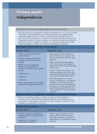 Primera sesión
      Independencia

      Actividad inicial. Recuperar saberes del alumno y comunitarios
       •	Pida a los alumnos que organizados en equipos (integrados por los tres ciclos) recuerden
        y comenten acerca de las palabras que mencionan los gobernantes delegacionales,
        municipales, gobernadores de su estado o el presidente de la República, al dar “El
        grito”, así como las acciones que en cada acto de conmemoración del aniversario de la
        Independencia realizan. Pida que con base en sus comentarios elaboren una lista de los
        personajes referidos y expliquen brevemente en un enunciado lo que saben de ellos.
        Sugiera que elaboren un dibujo que simbolice la Independencia de México.
      Actividades diferenciadas por ciclo y/o grado
      Primer ciclo                                   Segundo ciclo
       •	Solicitar a los alumnos escribir la           •	Recomendar a los alumnos hacer la
         palabra Libertad.                               lectura “Atender a los indígenas”, del
       •	Pedir que comenten qué significa                libro de texto gratuito de cuarto grado,
         y escriban tres enunciados que la               página 90.
         incluyan.                                     •	Sugerir a cada alumno elegir alguna
       •	Identificar entre las siguientes                de las clases sociales que integran la
         palabras una que signifique lo                  población de la Nueva España: españoles,
         contrario a la libertad, y que expliquen        indios, castas.
         por qué:                                      •	Escribir, con base en su elección, un
                                                         texto que explique ¿cómo son? ¿a qué
         •Independencia                                  se dedican? ¿qué bienes poseen? ¿cómo
         •Liberación                                     viven? ¿qué inconformidades tienen?
                                                       •	Pedir que expliquen en su texto la
         •Esclavitud                                     causa (si la tienen) por la cual seguirían
       •	Sugerir que representen con un dibujo           a Hidalgo, un criollo que convoca al
        lo que para ellos significa la libertad.         pueblo a luchar contra el mal gobierno
                                                         para obtener una vida más justa. (Para
                                                         esta última parte pueden leer el tema
                                                         “El Grito de Dolores” en el mismo libro,
                                                         página 89).
      Puesta en común a nivel grupal, evaluación y cierre de la actividad
       •	Solicitar a los alumnos presentar su trabajo. Los del primer ciclo explican sus
        conclusiones acerca del significado de la palabra libertad, exhibe el dibujo con que
        la representa. Los del segundo ciclo leen en voz alta sus textos, y los del tercer ciclo
        presentan su escenificación en tres actos.
      Evaluación por producto
      Primer ciclo                                   Segundo ciclo
       •	Escriben y explican el significado de         •	Explican rasgos característicos de las
         la palabra libertad. Construyen frases          clases sociales de la Nueva España e
         coherentes.                                     identifican situaciones causales de la
       •	Representan en imagen del                       Independencia y su clasificación interna
         significado de la libertad.                     o externa.


182                                                              Guías Didácticas Multigrado
 