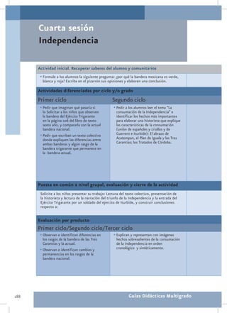Cuarta sesión
      Independencia

      Actividad inicial. Recuperar saberes del alumno y comunitarios
       •	Formule a los alumnos la siguiente pregunta: ¿por qué la bandera mexicana es verde,
        blanca y roja? Escriba en el pizarrón sus opiniones y elaboren una conclusión.

      Actividades diferenciadas por ciclo y/o grado
      Primer ciclo                                   Segundo ciclo
       •	Pedir que imaginan qué pasaría si            •	Pedir a los alumnos leer el tema “La
         lo Solicitar a los niños que observen         consumación de la Independencia” e
         la bandera del Ejército Trigarante            identificar los hechos más importantes
         en la página 106 del libro de texto           para elaborar una historieta que explique
         sexto año, y compararla con la actual         las características de la consumación
         bandera nacional.                             (unión de españoles y criollos y de
       •	Pedir que escriban un texto colectivo         Guerrero e Iturbide): El abrazo de
         donde expliquen las diferencias entre         Acatempan, el Plan de Iguala y las Tres
         ambas banderas y algún rasgo de la            Garantías; los Tratados de Córdoba.
         bandera trigarante que permanece en
         la bandera actual.




      Puesta en común a nivel grupal, evaluación y cierre de la actividad
       Solicite a los niños presentar su trabajo: Lectura del texto colectivo, presentación de
       la historieta y lectura de la narración del triunfo de la Independencia y la entrada del
       Ejército Trigarante por un soldado del ejercito de Iturbide, y construir conclusiones
       respecto a:


      Evaluación por producto
      Primer ciclo/Segundo ciclo/Tercer ciclo
       •	Observan e identifican diferencias en        •	Explican y representan con imágenes
         los rasgos de la bandera de las Tres          hechos sobresalientes de la consumación
         Garantías y la actual.                        de la independencia en orden
       •	Observan e identifican cambios y              cronológico y sintéticamente.
         permanencias en los rasgos de la
         bandera nacional.




188                                                            Guías Didácticas Multigrado
 