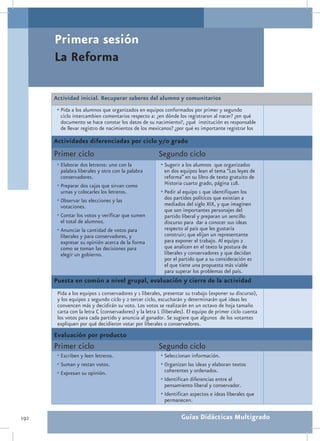Primera sesión
      La Reforma

      Actividad inicial. Recuperar saberes del alumno y comunitarios
       •	Pida a los alumnos que organizados en equipos conformados por primer y segundo
        ciclo intercambien comentarios respecto a: ¿en dónde los registraron al nacer? ¿en qué
        documento se hace constar los datos de su nacimiento?, ¿qué institución es responsable
        de llevar registro de nacimientos de los mexicanos? ¿por qué es importante registrar los

      Actividades diferenciadas por ciclo y/o grado
      Primer ciclo                                     Segundo ciclo
       •	Elaborar dos letreros: uno con la              •	Sugerir a los alumnos que organizados
         palabra liberales y otro con la palabra          en dos equipos lean el tema “Las leyes de
         conservadores.                                   reforma” en su libro de texto gratuito de
       •	Preparar dos cajas que sirvan como               Historia cuarto grado, página 118.
         urnas y colocarles los letreros.               •	Pedir al equipo 1 que identifiquen los
       •	Observar las elecciones y las                    dos partidos políticos que existían a
         votaciones.                                      mediados del siglo XIX, y que imaginen
                                                          que son importantes personajes del
       •	Contar los votos y verificar que sumen           partido liberal y preparan un sencillo
         el total de alumnos.                             discurso para dar a conocer sus ideas
       •	Anunciar la cantidad de votos para               respecto al país que les gustaría
         liberales y para conservadores, y                construir; que elijan un representante
         expresar su opinión acerca de la forma           para exponer el trabajo. Al equipo 2
         como se toman las decisiones para                que analicen en el texto la postura de
         elegir un gobierno.                              liberales y conservadores y que decidan
                                                          por el partido que a su consideración es
                                                          el que tiene una propuesta más viable
                                                          para superar los problemas del país.
      Puesta en común a nivel grupal, evaluación y cierre de la actividad
       Pida a los equipos 1 conservadores y 1 liberales, presentar su trabajo (exponer su discurso),
       y los equipos 2 segundo ciclo y 2 tercer ciclo, escucharán y determinarán qué ideas les
       convencen más y decidirán su voto. Los votos se realizarán en un octavo de hoja tamaño
       carta con la letra C (conservadores) y la letra L (liberales). El equipo de primer ciclo cuenta
       los votos para cada partido y anuncia al ganador. Se sugiere que algunos de los votantes
       expliquen por qué decidieron votar por liberales o conservadores.
      Evaluación por producto
      Primer ciclo                                     Segundo ciclo
       •	Escriben y leen letreros.                      •	Seleccionan información.
       •	Suman y restan votos.                          •	Organizan las ideas y elaboran textos
       •	Expresan su opinión.                            coherentes y ordenados.
                                                        •	Identifican diferencias entre el
                                                          pensamiento liberal y conservador.
                                                        •	Identifican aspectos e ideas liberales que
                                                          permanecen.

192                                                              Guías Didácticas Multigrado
 