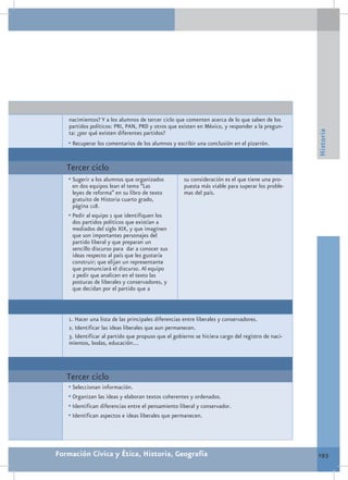 nacimientos? Y a los alumnos de tercer ciclo que comenten acerca de lo que saben de los
   partidos políticos: PRI, PAN, PRD y otros que existen en México, y responder a la pregun-




                                                                                                  Historia
   ta: ¿por qué existen diferentes partidos?
   •	Recuperar los comentarios de los alumnos y escribir una conclusión en el pizarrón.


   Tercer ciclo
   •	Sugerir a los alumnos que organizados          su consideración es el que tiene una pro-
     en dos equipos lean el tema “Las               puesta más viable para superar los proble-
     leyes de reforma” en su libro de texto         mas del país.
     gratuito de Historia cuarto grado,
     página 118.
   •	Pedir al equipo 1 que identifiquen los
     dos partidos políticos que existían a
     mediados del siglo XIX, y que imaginen
     que son importantes personajes del
     partido liberal y que preparan un
     sencillo discurso para dar a conocer sus
     ideas respecto al país que les gustaría
     construir; que elijan un representante
     que pronunciará el discurso. Al equipo
     2 pedir que analicen en el texto las
     posturas de liberales y conservadores, y
     que decidan por el partido que a



   1. Hacer una lista de las principales diferencias entre liberales y conservadores.
   2. Identificar las ideas liberales que aun permanecen.
   3. Identificar al partido que propuso que el gobierno se hiciera cargo del registro de naci-
   mientos, bodas, educación…




   Tercer ciclo
   •	Seleccionan información.
   •	Organizan las ideas y elaboran textos coherentes y ordenados.
   •	Identifican diferencias entre el pensamiento liberal y conservador.
   •	Identifican aspectos e ideas liberales que permanecen.



Formación Cívica y Ética, Historia, Geografía                                                     193
 