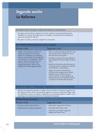 Segunda sesión
      La Reforma

      Actividad inicial. Recuperar saberes del alumno y comunitarios
       •	Se sugiere que el maestro pregunte a los niños: ¿quién es el actual presidente de la
         República?, ¿cuántos años permanece en el poder un presidente de la República?
         ¿por qué? ¿siempre ha sido así?
       •	Recuperar sus ideas y anotar las respuesta en el pizarrón.

      Actividades diferenciadas por ciclo y/o grado
      Primer ciclo                                    Segundo ciclo
       •	Sugerir a los niños que escriban un           •	Pedir a los alumnos leer los últimos cinco
        acróstico utilizando como base la                párrafos del tema “La Reforma”, de su
        palabra de Presidente; que expliquen             libro de texto quinto grado.
        aspectos relacionados a lo que significa       •	Identificar características que definen la
        ser presidente de la República. Pueden           personalidad de Antonio López de Santa
        explicar aspectos relacionados a los             Anna.
        años que dura en el poder, ¿qué
        trabajo desarrolla? ¿cuáles son sus            •	Identificar los hechos más relevantes en
        obligaciones? Puede agregar dibujos.             los que participó: su gobierno y posición
                                                         ante liberales y conservadores.
                                                       •	Sugerir de manera individual que
                                                         escriban cartas imaginarias en donde
                                                         expliquen lo que piensan de él, su
                                                         postura política, su personalidad y su
                                                         larga permanencia en el gobierno hasta
                                                         su caída con la Revolución de Ayutla.


      Puesta en común a nivel grupal, evaluación y cierre de la actividad
       •	Solicite a los alumnos presentar su trabajo. Primer ciclo leer su acróstico, segundo ciclo
        leer algunas cartas y tercer ciclo presentar algunas caricaturas y explicarlas. Pegar todas
        las caricaturas, cartas y el acróstico. Elaboraren una conclusión grupal en relación con el
        personaje y la situación que derivó en la Revolución de Ayutla.
      Evaluación por producto
      Primer ciclo                                    Segundo ciclo
       •	Escritura y lectura de acrósticos.            •	Desarrollan imaginación histórica.
       •	Significado de la palabra presidente.         •	Desarrollo del sentido crítico.
                                                       •	Identifican principales rasgos del
                                                         gobierno de Santa Anna.




194                                                              Guías Didácticas Multigrado
 