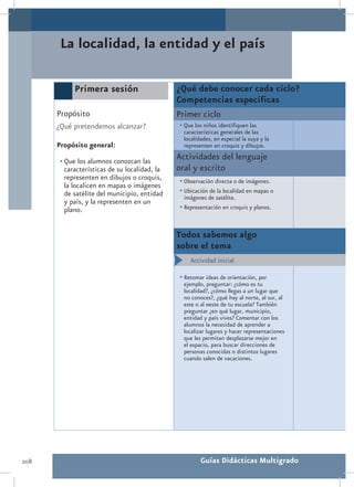 La localidad, la entidad y el país

            Primera sesión                     ¿Qué debe conocer cada ciclo?
                                               Competencias específicas
      Propósito                                Primer ciclo
      ¿Qué pretendemos alcanzar?               •	Que los niños identifiquen las
                                                características generales de las
                                                localidades, en especial la suya y la
      Propósito general:                        representen en croquis y dibujos.

       •	Que los alumnos conozcan las
                                               Actividades del lenguaje
         características de su localidad, la   oral y escrito
         representen en dibujos o croquis,     •	Observación directa o de imágenes.
         la localicen en mapas o imágenes
         de satélite del municipio, entidad    •	Ubicación de la localidad en mapas o
                                                imágenes de satélite.
         y país, y la representen en un
         plano.                                •	Representación en croquis y planos.


                                               Todos sabemos algo
                                               sobre el tema
                                               •	 Actividad inicial

                                               •	Retomar ideas de orientación, por
                                                ejemplo, preguntar: ¿cómo es tu
                                                localidad?, ¿cómo llegas a un lugar que
                                                no conoces?, ¿qué hay al norte, al sur, al
                                                este o al oeste de tu escuela? También
                                                preguntar ¿en qué lugar, municipio,
                                                entidad y país vives? Comentar con los
                                                alumnos la necesidad de aprender a
                                                localizar lugares y hacer representaciones
                                                que les permitan desplazarse mejor en
                                                el espacio, para buscar direcciones de
                                                personas conocidas o distintos lugares
                                                cuando salen de vacaciones.




208                                                    Guías Didácticas Multigrado
 
