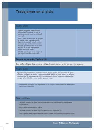 Trabajamos en el ciclo


      Primer ciclo
       •	Observar imágenes, identificar las
         diferencias y mencionar en cuál se
         puede representar mejor su localidad
         y por qué.
       •	Pedir a todos los niños que se agrupen
         en parejas y que platiquen cómo
         llegan de su casa a la escuela y cómo
         reconocen que es el camino correcto.
         Para ello, pueden escribir enunciados
         sencillos en los que expliquen los
         lugares por donde pasan.
       •	Solicitar que dibujen en un croquis lo
         que le platicaron a su compañero.


      Puesta en común/Evaluación
      Qué deben lograr los niños y niñas de cada ciclo, al terminar esta sesión:
      Primer ciclo
       Algunos niños presentan sus productos croquis, mapas, planos, e ilustraciones de globo
       terráqueo, imágenes de satélite y fotografías aéreas, ya sea en libros, atlas o en recortes,
       y los describen de acuerdo con el ciclo correspondiente. Luego comentan qué aprendie-
       ron, qué se les dificultó y cómo pueden aprender mejor.


         •	Representan los rasgos más importantes en un croquis, como referencias del trayecto
           de su casa a la escuela.




      Para continuar
         •	Se puede consultar el mapa interactivo de México en Enciclomedia, también está
           disponible en:
         •	http://www.atlasdemexico.gob.mx
         •	Se puede consultar el mapa digital de México, está disponible en:
         •	http://galileo.inegi.org.mx/website/mexico/viewer.htm?sistema=1&s=geo&c=1160



220                                                              Guías Didácticas Multigrado
 