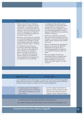 Tercer ciclo
   •	Solicitar a los niños que localicen y          La analogía permite explicar que así
     coloreen México en mapas de América            como los lugares de la localidad tienen
     y del mundo. Es importante que para            coordenadas en la retícula para ser
     movilizar sus conocimientos pedir que          ubicados, cada sitio del planeta cuenta
     refieran la ubicación del país en puntos       con coordenadas geográficas (latitud,




                                                                                                 Geografía
     cardinales: ¿qué países se localizan al        longitud y altitud) con las que puede ser
     norte y al sur del México? ¿cuáles son         ubicado en el planeta.
     los límites al este y oeste?                 •	Explicar las coordenadas claramente
   •	Introducir a los alumnos en la temática        para que los niños se apropien de estos
     de coordenadas geográficas elaborando          conceptos. Los alumnos de quinto grado
     un esquema que contenga la retícula            pueden realizar esquemas (que resulten
     de la localidad, basado en el siguiente        atractivos).
     ejemplo: Consultar Cuadro 2 en Anexo.        •	Solicitar la realización de organizadores
   •	La finalidad de la retícula es que             gráficos que les permitan identificar
     los alumnos identifiquen diferentes            rápidamente los atributos de las
     sitios, (ubicados en la localidad) con         coordenadas geográficas; el siguiente
     letras y números; por ejemplo, el              es un ejemplo: Consultar Cuadro 3 en
     palacio municipal se encuentra en              Anexo.
     B4. Es importante mencionar que              •	Pedir que empleen el sistema de
     todos los lugares de la localidad se           coordenadas (latitud y longitud) para
     encontrarían dentro del esquema y le           precisar la localización de distintos
     corresponderían dos coordenadas.               lugares de México en América y el
                                                    mundo. Se pueden apoyar en el Atlas
                                                    Universal.




   Segundo ciclo                                  Tercer ciclo
   a sus compañeros cómo localizar lugares en mapas a partir de las coordenadas geográficas.
   Algunos alumnos del tercer ciclo pueden explicar cómo, además de los puntos cardinales,
   se pueden localizar lugares en mapas con las coordenadas geográficas.


     •	Se espera que los niños trabajen en           •	Los niños trabajan la localización de
       mapas la localización de su entidad y          lugares en distintos mapas de su atlas,
       las entidades colindantes con la rosa          tomando como referencia la latitud,
       de los vientos.                                longitud y altitud, además las explican.


     •	Se puede consultar el mapa digital de México, está disponible en:
     http://galileo.inegi.org.mx/website/mexico/viewer.htm?sistema=1&s=geo&c=1160


Formación Cívica y Ética, Historia, Geografía                                                    225
 