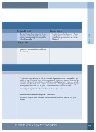 Segundo ciclo                                           Tercer ciclo
   •	Que los niños analicen las causas de los                •	Que los niños analicen las causas y efectos




                                                                                                             Geografía
    problemas ambientales de la entidad y                     de los problemas ambientales del mundo
    el país y propongan algunas medidas de                    y propongan algunas medidas de cuidado
    cuidado ambiental.                                        ambiental.
  Materiales

   •	Imágenes y textos de diferentes libros o
    de Internet.




     “Es claro que nuestra forma de vida ha cambiado el paisaje terrestre. Las ciudades y po-
     blados en que vivimos, así como los campos de donde obtenemos nuestros alimentos han
     cambiado o destruido la vegetación natural, han secado lagos y ríos, y hasta han ganado
     terreno al mar. Eso no es todo, también hemos llevado a la desaparición de plantas y ani-
     males y hemos llenado el aire de gases y contaminantes que cambian el clima”.
     Fuente: Adaptado de ¿Y el medio ambiente? Problemas de México y el mundo, Semarnat.


   •	Mediante una lluvia de ideas pregunte a sus alumnos
     ¿Cuáles son los principales problemas ambientales de tu localidad, entidad, país y el
     mundo?




Formación Cívica y Ética, Historia, Geografía                                                                249
 