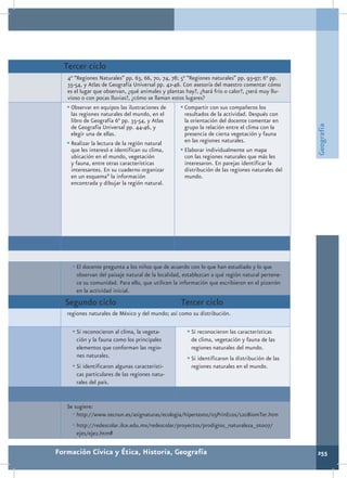 Tercer ciclo
   4° “Regiones Naturales” pp. 63, 66, 70, 74, 78; 5° “Regiones naturales” pp. 93-97; 6° pp.
   35-54, y Atlas de Geografía Universal pp. 42-46. Con asesoría del maestro comentar cómo
   es el lugar que observan, ¿qué animales y plantas hay?, ¿hará frío o calor?, ¿será muy llu-
   vioso o con pocas lluvias?, ¿cómo se llaman estos lugares?
   •	Observar en equipos las ilustraciones de      •	Compartir con sus compañeros los
     las regiones naturales del mundo, en el         resultados de la actividad. Después con
     libro de Geografía 6° pp. 35-54, y Atlas        la orientación del docente comentar en




                                                                                                  Geografía
     de Geografía Universal pp. 44-46, y             grupo la relación entre el clima con la
     elegir una de ellas.                            presencia de cierta vegetación y fauna
   •	Realizar la lectura de la región natural        en las regiones naturales.
     que les interesó e identifican su clima,      •	Elaborar individualmente un mapa
     ubicación en el mundo, vegetación               con las regiones naturales que más les
     y fauna, entre otras características            interesaron. En parejas identificar la
     interesantes. En su cuaderno organizar          distribución de las regiones naturales del
     en un esquema* la información                   mundo.
     encontrada y dibujar la región natural.




     •	El docente pregunta a los niños que de acuerdo con lo que han estudiado y lo que
       observan del paisaje natural de la localidad, establezcan a qué región natural pertene-
       ce su comunidad. Para ello, que utilicen la información que escribieron en el pizarrón
       en la actividad inicial.
  Segundo ciclo                                    Tercer ciclo
   regiones naturales de México y del mundo; así como su distribución.

     •	Si reconocieron al clima, la vegeta-           •	Si reconocieron las características
       ción y la fauna como los principales             de clima, vegetación y fauna de las
       elementos que conforman las regio-               regiones naturales del mundo.
       nes naturales.                                 •	Si identificaron la distribución de las
     •	Si identificaron algunas característi-           regiones naturales en el mundo.
       cas particulares de las regiones natu-
       rales del país.


   Se sugiere:
     •	http://www.tecnun.es/asignaturas/ecologia/hipertexto/05PrinEcos/120BiomTer.htm
     •	http://redescolar.ilce.edu.mx/redescolar/proyectos/prodigios_naturaleza_oto07/
       ejes/eje2.htm#

Formación Cívica y Ética, Historia, Geografía                                                     255
 