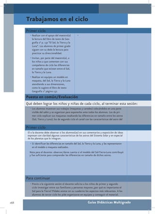 Trabajamos en el ciclo
      Primer ciclo
         •	Realizar con el apoyo del maestro(a)         •	
           la lectura del libro de texto de Geo-
           grafía 2° p. 137 “El Sol, la Tierra y la
           Luna”. Los alumnos de primer grado
           siguen con su dedo la lectura para
           practicar su direccionalidad.
         •	Invitar, por parte del maestro(a), a
           los niños a que comenten con sus
           compañeros de ciclo las diferencias
           en tamaño que existen entre el Sol,
           la Tierra y la Luna.
         •	Realizar en equipos un modelo en
           maqueta, del Sol, la Tierra y la Luna
           atendiendo a sus dimensiones,
           como lo sugiere el libro de texto
           Geografía 2° página 137.

      Puesta en común/Evaluación
      Qué deben lograr los niños y niñas de cada ciclo, al terminar esta sesión:
         •	Los alumnos muestran sus trabajos (maquetas y carteles) colocándolos en una parte
           visible del salón y se organizan para exponerlos ante todos los alumnos. Los de pri-
           mer ciclo explican sus maquetas resaltando las diferencias en tamaño entre los astros
           (Sol, Tierra y Luna); los de segundo ciclo el cartel con las características del astro del

      Primer ciclo
       El o la docente debe observar si los alumnos(as) en sus comentarios y exposición de ideas
       expresan con claridad algunas características de los astros del Sistema Solar y en especial
       de los planetas que lo integran.
         •	Si identifican las diferencias en tamaño del Sol, la Tierra y la Luna, y las representaron
           en el modelo o maqueta realizados.
        Nota para el docente: observar/darse cuenta si el modelo del Sol-Tierra-Luna contribuyó
        y fue suficiente para comprender las diferencias en tamaño de dichos astros.




      Para continuar
         •	Previo a la siguiente sesión el docente solicita a los niños de primer y segundo
           ciclo investigar entre sus familiares y personas mayores ¿por qué es importante el
           Sol para la Tierra? Pídales anotar en su cuaderno los aspectos más relevantes. A los
           alumnos de tercer ciclo les pide organizarse en equipos y conseguir el material.

268                                                               Guías Didácticas Multigrado
 