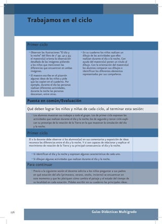 Trabajamos en el ciclo


      Primer ciclo
       •	Observan las ilustraciones “El día y          •	En su cuaderno los niños realizan un
         la noche” del libro de 1° pp. 42 y 43;          dibujo de las actividades que ellos
         el maestro(a) orienta la observación            realizan durante el día o la noche. Con
         detallada de las imágenes pidiendo              ayuda del maestro(a) ponen un título al
         a los niños que mencionen las                   dibujo. Con la orientación del maestro(a)
         diferencias que encuentran en ambas             los alumnos comparan sus dibujos e
         imágenes.                                       identifican los diferentes elementos
       •	El maestro escribe en el pizarrón               representados por sus compañeros.
         algunas ideas de los niños y pide
         que las copien en el cuaderno. Por
         ejemplo, durante el día las personas
         realizan diferentes actividades,
         durante la noche las personas
         descansan, entre otras.

      Puesta en común/Evaluación
      Qué deben lograr los niños y niñas de cada ciclo, al terminar esta sesión:
         •	Los alumnos muestran sus trabajos a todo el grupo. Los de primer ciclo expresan las
           actividades que realizan durante el día y la noche; los de segundo y tercer ciclo expli-
           can su prototipo de la rotación de la Tierra en la que muestran la simulación del día
           y la noche.

      Primer ciclo
       El o la docente debe observar si los alumnos(as) en sus comentarios y exposición de ideas
       reconoce las diferencias entre el día y la noche. Y si son capaces de relacionar y explicar el
       movimiento de rotación de la Tierra y su principal consecuencia: el día y la noche.

         •	Si identifican el día y la noche y expresan algunas características de cada uno.
         •	Si dibujan algunas actividades que realizan durante el día y la noche.
      Para continuar
         •	Previo a la siguiente sesión el docente solicita a los niños preguntar a sus padres
           en qué estación del año (primavera, verano, otoño, invierno) se encuentran en
           este momento y que les platiquen cómo cambia el paisaje y el estado del tiempo de
           su localidad en cada estación. Pídales escribir en su cuaderno las principales ideas.




276                                                              Guías Didácticas Multigrado
 