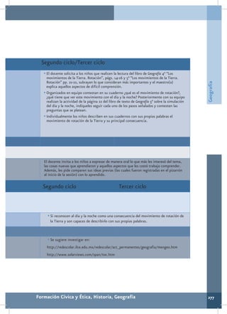 Segundo ciclo/Tercer ciclo
   •	El docente solicita a los niños que realicen la lectura del libro de Geografía 4° “Los
     movimientos de la Tierra. Rotación”, págs. 14-16 y 5° “Los movimientos de la Tierra.
     Rotación” pp. 21-22, subrayan lo que consideran más importantes y el maestro(a)




                                                                                                    Geografía
     explica aquellos aspectos de difícil comprensión.
   •	Organizados en equipo contestan en su cuaderno ¿qué es el movimiento de rotación?,
     ¿qué tiene que ver este movimiento con el día y la noche? Posteriormente con su equipo
     realizan la actividad de la página 22 del libro de texto de Geografía 5° sobre la simulación
     del día y la noche, indíqueles seguir cada uno de los pasos señalados y contesten las
     preguntas que se platean.
   •	Individualmente los niños describen en sus cuadernos con sus propias palabras el
     movimiento de rotación de la Tierra y su principal consecuencia.




   El docente invita a los niños a expresar de manera oral lo que más les interesó del tema,
   las cosas nuevas que aprendieron y aquellos aspectos que les costó trabajo comprender.
   Además, les pide comparen sus ideas previas (las cuales fueron registradas en el pizarrón
   al inicio de la sesión) con lo aprendido.

   Segundo ciclo                                      Tercer ciclo



     •	Si reconocen al día y la noche como una consecuencia del movimiento de rotación de
       la Tierra y son capaces de describirlo con sus propias palabras.



     •	Se sugiere investigar en:
     http://redescolar.ilce.edu.mx/redescolar/act_permanentes/geografia/mengeo.htm
     http://www.solarviews.com/span/toc.htm




Formación Cívica y Ética, Historia, Geografía                                                       277
 