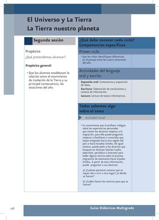 El Universo y La Tierra
       La Tierra nuestro planeta
            Segunda sesión                 ¿Qué debe conocer cada ciclo?
                                           Competencias específicas
      Propósito                            Primer ciclo
      ¿Qué pretendemos alcanzar?           •	Que los niños identifiquen diferencias
                                             en el paisaje entre las cuatro estaciones
                                             del año.
      Propósito general:

       •	Que los alumnos establezcan la
                                           Actividades del lenguaje
         relación entre el movimiento      oral y escrito
         de traslación de la Tierra y su    Expresión oral: Comentarios y exposición
         principal consecuencia, las        de ideas.
         estaciones del año.                Escritura: Elaboración de conclusiones y
                                            síntesis de información.
                                            Lectura: Lectura de textos informativos.


                                           Todos sabemos algo
                                           sobre el tema
                                           •	 Actividad inicial

                                           •	Es conveniente que el profesor indague
                                             sobre las experiencias personales
                                             que tienen los alumnos respecto a la
                                             migración, para ello puede preguntar
                                             respecto a familiares o conocidos que
                                             hayan emigrado hacia otra región del
                                             país o hacia Estados Unidos. De igual
                                             manera, puede pedir a los alumnos que
                                             busquen en diversas fuentes (radio,
                                             televisión, periódico o Internet) para
                                             hallar alguna noticia sobre el proceso
                                             migratorio de mexicanos hacia Estados
                                             Unidos. A partir de esta información,
                                             puede preguntar a sus alumnos:
                                             a) ¿Cuántas personas conoces que se
                                             hayan ido a vivir a otro lugar? ¿A dónde
                                             se fueron?
                                             b) ¿Cuáles fueron los motivos para que se
                                             fueran?




278                                                 Guías Didácticas Multigrado
 
