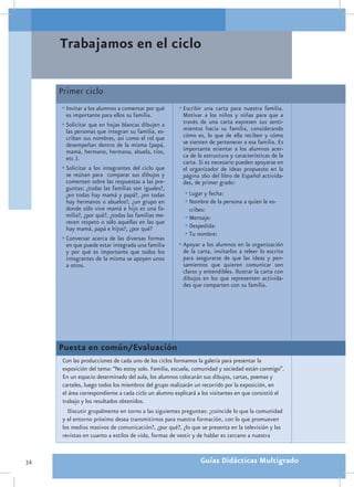 Trabajamos en el ciclo

     Primer ciclo
     •	Invitar a los alumnos a comentar por qué       •	Escribir una carta para nuestra familia.
       es importante para ellos su familia.             Motivar a los niños y niñas para que a
     •	Solicitar que en hojas blancas dibujen a         través de una carta expresen sus senti-
       las personas que integran su familia, es-        mientos hacia su familia, considerando
       criban sus nombres, así como el rol que          cómo es, lo que de ella reciben y cómo
       desempeñan dentro de la misma (papá,             se sienten de pertenecer a esa familia. Es
       mamá, hermano, hermana, abuela, tíos,            importante orientar a los alumnos acer-
       etc.).                                           ca de la estructura y características de la
                                                        carta. Si es necesario pueden apoyarse en
     •	Solicitar a los integrantes del ciclo que        el organizador de ideas propuesto en la
       se reúnan para comparar sus dibujos y            página 160 del libro de Español activida-
       comenten sobre las respuestas a las pre-         des, de primer grado:
       guntas: ¿todas las familias son iguales?,
       ¿en todas hay mamá y papá?, ¿en todas             •	Lugar y fecha:
       hay hermanos o abuelos?, ¿un grupo en             •	Nombre de la persona a quien le es-
       donde sólo vive mamá e hijo es una fa-              cribes:
       milia?, ¿por qué?, ¿todas las familias me-        •	Mensaje:
       recen respeto o sólo aquellas en las que
       hay mamá, papá e hijos?, ¿por qué?                •	Despedida:
                                                         •	Tu nombre:
     •	Conversar acerca de las diversas formas
       en que puede estar integrada una familia       •	Apoyar a los alumnos en la organización
       y por qué es importante que todos los            de la carta, invitarlos a releer lo escrito
       integrantes de la misma se apoyen unos           para asegurarse de que las ideas y pen-
       a otros.                                         samientos que quieren comunicar son
                                                        claros y entendibles. Ilustrar la carta con
                                                        dibujos en los que representen activida-
                                                        des que comparten con su familia.




     Puesta en común/Evaluación
      Con las producciones de cada uno de los ciclos formamos la galería para presentar la
      exposición del tema: “No estoy solo. Familia, escuela, comunidad y sociedad están conmigo”.
      En un espacio determinado del aula, los alumnos colocarán sus dibujos, cartas, poemas y
      carteles, luego todos los miembros del grupo realizarán un recorrido por la exposición, en
      el área correspondiente a cada ciclo un alumno explicará a los visitantes en que consistió el
      trabajo y los resultados obtenidos.
         Discutir grupalmente en torno a las siguientes preguntas: ¿coincide lo que la comunidad
      y el entorno próximo desea transmitirnos para nuestra formación, con lo que promueven
      los medios masivos de comunicación?, ¿por qué?, ¿lo que se presenta en la televisión y las
      revistas en cuanto a estilos de vida, formas de vestir y de hablar es cercano a nuestra


34                                                              Guías Didácticas Multigrado
 