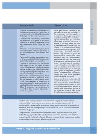 Formación Cívica y Ética
    Segundo ciclo                                        Tercer ciclo
   •	Comentar en parejas acerca de las caracte-       •	Invitar a los alumnos a analizar de qué
     rísticas que comparten con sus amigos y            manera las personas que nos rodean in-
     con los miembros de la localidad, después          fluyen de manera positiva o negativa en
     de dialogar escriban en su cuaderno:               nuestra forma de ser, pensar y actuar,
   •	Comentar qué costumbres y tradiciones              para ello deberán primero identificar a
     han aprendido de la gente de su comu-              algunas personas a las que consideran
     nidad (Día de Muertos, festejos de fin de          importantes en su vida, escribirán su
     año, organización de las fiestas del pue-          nombre en una hoja blanca, así como
     blo)                                               la manera en que dichas personas han
                                                        influido en su comportamiento. Es im-
   •	Mencionar cómo se viste la gente de la             portante que tomen en cuenta a fami-
     comunidad; cómo habla; en qué trabaja y            liares, amigos y gente de la localidad.
     qué han aprendido los niños de esas acti-
     vidades:                                         •	Analizar luego la manera en que los me-
                                                        dios masivos de comunicación tienen
   •	Platicar qué historias o relatos existen acer-     influencia sobre su comportamiento
     ca de la comunidad; cómo los han conocido;         o estilos de vida, para ello observarán
     quién los ha compartido con ustedes.               detenidamente las ilustraciones, imá-
   •	Comentar al interior del ciclo si la familia       genes y mensajes que se promueven
     o los amigos de cada uno siguen las tradi-         en las revistas, Internet y la televisión,
     ciones existentes en la comunidad; de qué          ¿qué características tienen los niños,
     manera los hacen; de quién lo aprendie-            niñas y adolescentes que en ellos apa-
     ron; por qué consideran importante con-            recen?, ¿cómo se comportan?, ¿cómo se
     servar la cultura de la comunidad.                 visten?, ¿qué expresiones utilizan para
                                                        comunicarse?, ¿qué modas promueven
   •	Analizar las características propias de la         (música, lenguaje, vestuario)?
     gente de su comunidad, pedir a los alum-
     nos que mediante un texto rimado, acrós-         •	Elaborar con la información obtenida
     tico o poema expresen la importancia y             un artículo de opinión en el que escri-
     sentimientos que les genera pertenecer a           birán de qué manera el entorno cerca-
     esta localidad. Acompañar el texto con un          no influye en su personalidad, así como
     dibujo de un aspecto representativo de la          la forma en que los medios masivos de
     comunidad, algún paisaje o algo caracte-           comunicación determinan muchas de
     rístico de su gente.                               sus conductas, estilos de vida, formas
                                                        de hablar, de comportarse y vestirse.



   realidad?, ¿será cierto que para ser personas valiosas y dignas de respeto debemos
   vestirnos, hablar y comportarnos como la gente que aparece en estos medios de
   comunicación?, ¿se vale que las personas que no son o no actúan como los personajes de
   moda sean insultados o denigrados por sus características físicas, situación económica o
   procedencia?, ¿por qué?
     Se promueve la emisión de conclusiones destacando la importancia de vivir en grupo,
   los beneficios y responsabilidades que ello implica, así como el desarrollo de la identidad
   personal y social mediante la influencia del medio considerando que cada uno debe analizar
   lo que resulta positivo o no para la formación personal.



Historia, Geografía y Formación Cívica y Ética                                                                35
 
