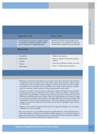 Formación Cívica y Ética
  Segundo ciclo                                      Tercer ciclo
   Evito situaciones que ponen en peligro o riesgo    Identifico la influencia de los grupos en los
   mi salud física o emocional y adopto medidas       que participo, en el cuidado de mi salud y en
   para el cuidado de mi integridad personal.         el desarrollo de medidas contra las adicciones.

  Materiales

   •	Cartulinas.                                      •	Folletos informativos.
   •	Papel bond.                                      •	Ficha 21. Español 4° “Hacemos carteles y
   •	Colores.                                          folletos”
   •	Tijeras.                                         •	Libros de la Biblioteca Escolar y de Aula.
   •	Marcadores.                                      •	Anexo 1: “Clarificación de valores”.




   •	Mientras se hace el recorrido platicar con los niños acerca de la importancia de mantener-
     se alejados de zonas de riesgo con el fin de cuidar nuestra salud, así como realizar ciertas
     acciones para evitar que otros estén en peligro. Comentar que cuando no somos cuidado-
     sos podemos sufrir accidentes, pero que también el no cuidar lo que comemos, no hacer
     ejercicio o consumir ciertas sustancias, afectan gravemente nuestra salud.
   •	Proponer a los niños la visita al centro de salud para recabar información acerca de medi-
     das de prevención para el cuidado de nuestro cuerpo. Solicitar al médico o enfermera que
     proporcione al grupo folletos, carteles o trípticos en los que aporte información acerca de
     diferentes recomendaciones para cuidar la salud. (Es indispensable que el maestro o maes-
     tra entreviste previamente con el médico o encargado del centro de salud para explicarle la
     finalidad de la visita y lo qué se desea destacar a los niños, además esto permitirá que en
     el lugar se encuentre el material necesario para que los alumnos obtengan mayor informa-
     ción del tema)
   •	Regresar a la escuela con el registro de las zonas de riesgo identificadas y con el material
     recabado en el centro de salud.
   Nota para el docente: Las actividades propuestas pueden llevarse a cabo paulatinamente a
   criterio del profesor o profesora y de acuerdo al interés del grupo, si se considera necesario
   pueden ser distribuidas en diferentes sesiones, lo importante es que los alumnos recaben la
   información que les permita desarrollar el trabajo por ciclos.




Historia, Geografía y Formación Cívica y Ética                                                                   37
 