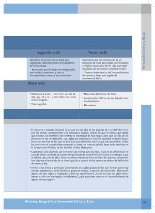 Formación Cívica y Ética
          Segundo ciclo                                     Tercer ciclo
   Identifico la función de las leyes que              Reconozco que la Constitución es un
   regulan las relaciones entre los habitantes         conjunto de leyes para todos los mexicanos
   de mi localidad.                                    y explico situaciones de mi vida que están
     Reconozco que las leyes son obligatorias          reguladas por principios constitucionales.
   para todas las personas y que su                      Preveo consecuencias del incumplimiento
   incumplimiento merece ser sancionado.               de normas y leyes que regulan la
                                                       convivencia diaria.
  Materiales

   •	Biblioteca Escolar. Libro Vivir con los de-       •	Materiales del Rincón de Artes.
     más, pp. 26 y 27 u otro libro con tema            •	Constitución Política de los Estados Uni-
     similar (reglas).                                  dos Mexicanos.
   •	Títeres guiñol.                                   •	Marcadores.




   •	El maestro o maestra realizará la lectura en voz alta de las páginas 26 y 27 del libro Vivir
     con los demás perteneciente a la Biblioteca Escolar, mismo en que se explica que desde
     que existen, los hombres han sentido la necesidad de fijar reglas para que la vida de las
     personas no sea un desorden. Las reglas que organizan la vida en sociedad se llaman leyes,
     éstas son escritos en los que se dice qué está permitido hacer y qué está prohibido. Todos
     los que viven en un país deben respetar las leyes, en nuestro país las leyes están reunidas en
     la Constitución Política de los Estados Unidos Mexicanos.
   •	Cuestionar a los alumnos ¿es lo mismo una norma que una ley?, ¿cuál es las diferencia? En
     caso de existir conflicto en cuanto al significado de los términos invitarlos a investigar a qué
     se refiere cada uno de ellos. Posteriormente mediante lluvia de ideas los alumnos comparten
     con el grupo el resultado de su investigación y a partir de los aportes se elabora la definición
     de norma y ley.
   •	Invitar a los niños a participar comentando en cuáles grupos de los que forman parte hay
     normas establecidas, en la familia, el grupo de amigos, la escuela, la comunidad. Mencionen
     alguna de esas reglas y expliquen ¿cómo las aprendieron?, ¿están escritas en algún docu-
     mento o sólo son expresadas verbalmente?, ¿qué sanciones amerita el incumplimiento de
     alguna de esas reglas?




Historia, Geografía y Formación Cívica y Ética                                                                 43
 