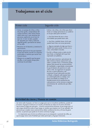 Trabajamos en el ciclo


     Primer ciclo                                     Segundo ciclo
     •	Armar, en parejas de niñas y niños              •	Indicar a las niñas y los niños que ahora
       de primer grado, rompecabezas del                 harán un trabajo personal en su cuaderno
       cuerpo humano y leer textos breves                en el que cada quien escribirá :
       sobre cómo son y qué necesitan las
       personas; explicarse uno al otro lo               1. Una lista breve de tres o cinco
       que ven. Si aún no leen, pueden                   actividades que pueda hacer solo.
       ser apoyados por niños y niñas de                 2. Una lista, también breve, de lo que
       segundo grado, que leerán los textos              puede hacer bien con otras personas.
       en voz alta.
     •	Reunirse con el docente y comentar lo             3. Algunos ejemplos de algo que hace o
       que hicieron.                                     puede hacer para ayudar a otros, en su
                                                         casa, comunidad o escuela.
     •	Realizar ejercicios en los que expresen
       lo que han hecho; escribir en conjunto          •	Escribir y dibujar junto a cada una de
       enunciados o cuentos que narren una               esas listas, un ejemplo de lo que han
       historia breve.                                   expresado con palabras.
     •	Dibujar en un papel lo que les gusta            •	Escribir para terminar, qué piensan de
       de ellos, si aún queda tiempo para                ellos mismos al darse cuenta de lo que
       continuar la actividad.                           saben y pueden hacer. El docente puede
                                                         apoyar este proceso de reconocimiento
                                                         de cualidades y capacidades comentando
                                                         lo que él observa de positivo en cada
                                                         niña o niño. Se organizan en equipos
                                                         de tres o cuatro personas y ahí
                                                         comentan lo que cada quien escribió
                                                         y dibujó, y después cada equipo hace
                                                         un cartel explicando su trabajo. Con
                                                         estas actividades se trabaja en el
                                                         fortalecimiento de la autoestima de
                                                         cada persona y se les convoca a expresar
                                                         sentimientos de satisfacción por ellos
                                                         mismos.




     Actividad de cierre / Puesta en común
      Se reúne todo el grupo y se hace un juego para que se revuelvan problemas, puede ser
      El cartero. El grupo se sienta en un círculo y el docente se coloca en el centro diciendo:
      Soy el cartero y traigo una carta para… Enuncia características diversas: el que tenga ojos; el
      que venga vestido de verde; el que tenga un nombre que empiece con O, por ejemplo. Las
      personas que cumplan estas características deben cambiarse de sitio y él trata de ganar
      asiento. La persona que quede en el centro continúa el juego.
          Es importante que al inicio se enfatice que no se empujarán o quitarán las sillas, ya
      que el juego tiene como finalidad que todos participen y el grupo interactúe.


56                                                                Guías Didácticas Multigrado
 