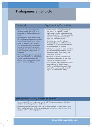 Trabajamos en el ciclo


     Primer ciclo                                 Segundo ciclo/Tercer ciclo
     •	Realizar en pares de niñas y niños,           •	Formar parejas o tríos y leer un texto
       un cartel sobre lo que hacen en su              que aluda a los juguetes y juegos
       comunidad un día normal y uno de                tradicionales jugados por alguien en su
       fiesta.                                         infancia. Cada niña y niño puede escribir
     •	Apoyar leyendo textos breves sobre              este texto preguntando a su mamá,
       las tradiciones, como cuentos, incluso          papá, tíos, vecinos o abuelos.
       sobre niños y niñas de otros países.          •	Escribir en una cartulina el juego,
     •	Tratar, si se tiene la serie Ventana            ilustrarlo y buscar las palabras que no
       a mi comunidad, de la Coordinación              entiendan en un diccionario e incluirlas
       General de Educación Intercultural              en un vocabulario en su texto.
       y Bilingüe, de proyectar uno de esos          •	Intercambiar después su relato con otros
       videos y después dialogar sobre su              de sus compañeros y comentar lo que
       contenido.                                      aprendieron sobre cómo viven y qué
     •	Moderar las participaciones y después           hacen otras personas.
       cada niña y niño hace un dibujo sobre         •	Armar con lo anterior un libro que se
       el tema, complementándolo con                   incorpore a la Biblioteca de Aula como
       algunas frases que expliquen lo que             material de lectura y consulta.
       quieren decir en su dibujo.                   •	Utilizar para la redacción final la técnica
                                                       autocorrección de textos, que se
                                                       explica en la PEM05, página 114. Para
                                                       el periódico mural se puede revisar la
                                                       página 46 también de la PEM05.




     Actividad de cierre / Puesta en común
     •	Forman equipos de tres integrantes: uno de cada ciclo y en esos equipos cada quien
       comparte lo que hizo y escucha a los demás.
     •	El docente cuida que todos participen y se escuchen, después los reúne y entre todos
       hacen una lluvia de ideas final en la que digan qué aprendieron y qué les gustó de lo
       que otras niñas y niños compartieron.




74                                                             Guías Didácticas Multigrado
 