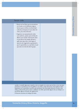 Formación Cívica y Ética
 Tercer ciclo
    •	Buscar en los libros que se encuentren
      en el aula o en la biblioteca alguna
      lectura que se refiere a la diversidad
      cultural y enriquezca lo que saben los
      niños y las niñas del tema.
    •	Organizar una representación sobre
      una tradición, puede usarse el Atlas de
      México para recabar información sobre
      lo que pasa en los estados del país y
      pedir que cada niña y niño haga un
      ejercicio de imaginación expresando lo
      que ha aprendido en un periódico mural
      que esté a la vista de todo el grupo.




  sucede, o sucedió algo paso a paso) y otro un pregón (un canto que se dice a viva voz para
  promover un producto en la vía pública). Las niñas y niños del tercer ciclo explican cómo
  expresaron en su periódico mural lo que estudiaron de diversidad cultural e invitan a las
  niñas y niños de los otros ciclos a colaborar con ellos aportando alguno de sus trabajos o a
  escribirles algo en el buzón de sugerencias.
  El docente reconoce el trabajo de todos.




Formación Cívica y Ética, Historia, Geografía                                                             81
 