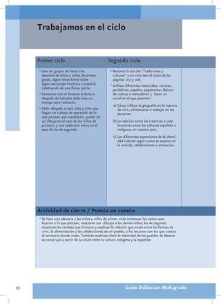 Trabajamos en el ciclo


     Primer ciclo                                  Segundo ciclo
     •	Leer en grupos de hasta tres                 •	Retomar la lección “Tradiciones y
       alumnos de niñas y niños de primer             culturas” y en tríos leer el texto de las
       grado, algún texto breve sobre                 páginas 107 y 108.
       algún personaje histórico o sobre la         •	Utilizar diferentes materiales: revistas,
       celebración de una fiesta patria.              periódicos, papeles, pegamento, lápices
     •	Comentar con el docente la lectura             de colores o marcadores y hacer un
       después de haberles dado éste un               cartel en el que plasmen:
       tiempo para realizarla.
                                                      a)	 Cómo influye la geografía en la manera
     •	Pedir después a cada niña y niño que               de vivir, alimentarse o trabajar de las
       hagan un trabajo de expresión de lo                personas.
       que piensan que estudiaron, puede ser
       un dibujo en el caso de los niños de           b)	La relación entre las creencias y cele-
       primero, y una redacción breve en el              braciones entre las culturas española e
       caso de los de segundo.                           indígena, en nuestro país.
                                                      c)	 Las diferentes expresiones de la identi-
                                                          dad cultural según como se expresa en
                                                          la comida, celebraciones o artesanías.




     Actividad de cierre / Puesta en común
     •	Se hace una plenaria y las niñas y niños de primer ciclo comentan los textos que
       leyeron y lo que piensan, muestran sus dibujos a los demás niños; los de segundo
       muestran los carteles que hicieron y explican la relación que existe entre las formas de
       vivir, la alimentación y las celebraciones de un pueblo, y los recursos con los que cuenta
       el territorio donde viven. También explican cómo la identidad de los pueblos de México
       se construyó a partir de la unión entre la cultura indígena y la española.




86                                                            Guías Didácticas Multigrado
 
