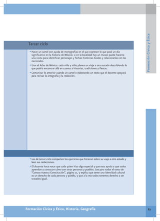 Formación Cívica y Ética
 Tercer ciclo
  •	Hacer un cartel con ayuda de monografías en el que expresen lo que pasó un día
    significativo en la historia de México; si en la localidad hay un museo puede hacerse
    una visita para identificar personajes y fechas históricas locales y relacionarlas con las
    nacionales.
  •	Usar el Atlas de México: cada niña y niño planea un viaje a otro estado describiendo lo
    que podría encontrar allá en cuanto a historias, tradiciones y fiestas.
  •	Comunicar lo anterior usando un cartel o elaborando un texto que el docente apoyará
    para revisar la ortografía y la redacción.




  •	Los de tercer ciclo comparten los ejercicios que hicieron sobre su viaje a otro estado y
   leen sus redacciones.
  •	El docente hace notar que cada quien hizo algo especial y que esto ayuda a que todos
   aprendan y conozcan cómo son otras personas y pueblos. Lee para todos el texto de
   “Conoce nuestra Constitución”, página 21, y explica que tener una identidad cultural
   es un derecho de cada persona y pueblo, y que a la vez todos tenemos derecho a ser
   tratados igual.




Formación Cívica y Ética, Historia, Geografía                                                             87
 