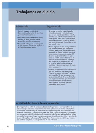 Trabajamos en el ciclo


     Primer ciclo                                   Segundo ciclo
     •	Recurrir a alguna versión de la               •	Organizar en equipo a las niñas y los
       Convención de Derechos de los niños,            niños de este ciclo y orientarlos para
       y explicarla a niñas niños.                     que en una hoja de papel bond o craft,
     •	Pedir a los niños que expresen lo que           escriban una lista de los casos en qué a
       piensan de tener derechos y estar               veces pelean entre ellos (cualquier niña
       protegidos con ellos ante abusos.               o niño) en su casa o escuela, y se indica
                                                       que junto a cada caso ejemplificarán por
     •	Hacer cada niña y niño un trabajo en            qué sucede esto.
       el que expresen sus ideas al respecto y
       lo comparte con los demás.                    •	Reunir al grupo de este ciclo y comentar
                                                       con ellos los carteles que elaboraron.
                                                       Primero se escuchan sus participaciones
                                                       y después se dialoga respecto a si estos
                                                       casos pueden resolverse sin pelear. El
                                                       docente ayuda a identificar en qué
                                                       casos es posible buscar alternativas de
                                                       solución a las controversias, sin llegar
                                                       a la violencia. Un elemento para ello
                                                       es escuchar a los involucrados en el
                                                       conflicto, y discernir qué parte de razón
                                                       tiene cada quien.
                                                     •	Explicar finalmente que tras un conflicto
                                                       hay una necesidad que se defiende:
                                                       “que no me quiten mis cosas”, reclama
                                                       una necesidad de que se respeten mis
                                                       pertenencias. (Atrás de un conflicto hay
                                                       una pugna de intereses que manifiestan
                                                       necesidades de los seres humanos:
                                                       ser aceptados, incluidos, queridos,
                                                       respetados, entre otros).




     Actividad de cierre / Puesta en común
      En una plenaria se habla de la necesidad de todas las personas a ser respetadas y de las
      situaciones que previenen los conflictos. Las niñas y los niños del primer ciclo explican
      que respetar los derechos y las necesidades de las personas puede evitar los conflictos,
      muestran sus dibujos y comunican sus ideas. Las niñas y niños de segundo ciclo compar-
      ten sus carteles identificando los conflictos que con más frecuencia viven (peleas, golpes
      o gritos) y la manera en la que podrían solucionarse sin violencia. Las niñas y los niños de
      tercer ciclo explican la lectura de “El tigre y el zorro”, comentan el análisis que hicieron
      del conflicto y explican lo que aprendieron de esta actividad.


92                                                             Guías Didácticas Multigrado
 