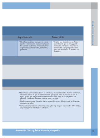Formación Cívica y Ética
 Segundo ciclo                                      Tercer ciclo
   •	Identifico, aprecio y promuevo el uso de         •	Analizo una situación de conflicto
    canales y mecanismos institucionales con            considerando que en él hay por lo
    los cuales la ciudadanía puede comunicar            menos dos intereses o perspectivas
    al gobierno sus necesidades, demandas y             enfrentadas y propongo soluciones
    problemas.                                          para que el conflicto se resuelva sin
                                                        violencia1.




   •	Se realiza el ejercicio de audición de la lectura y el docente con los alumnos comentan,
     de manera breve, de qué se trató la lectura, ¿por qué el zorro se portaría así con el
     tigre?, ¿y por qué el tigre no buscaba otras soluciones antes de la que pensó?; las
     personas a veces nos portamos como el zorro y el tigre.
   •	Finalmente pregunta: si ustedes fueran amigos del zorro o del tigre ¿qué les dirían para
     que dejen de pelear?
   •	Toma nota en el pizarrón sobre estas ideas y las deja ahí para recuperarlas al fin del día,
     después organiza el trabajo de cada ciclo.




Formación Cívica y Ética, Historia, Geografía                                                               97
 